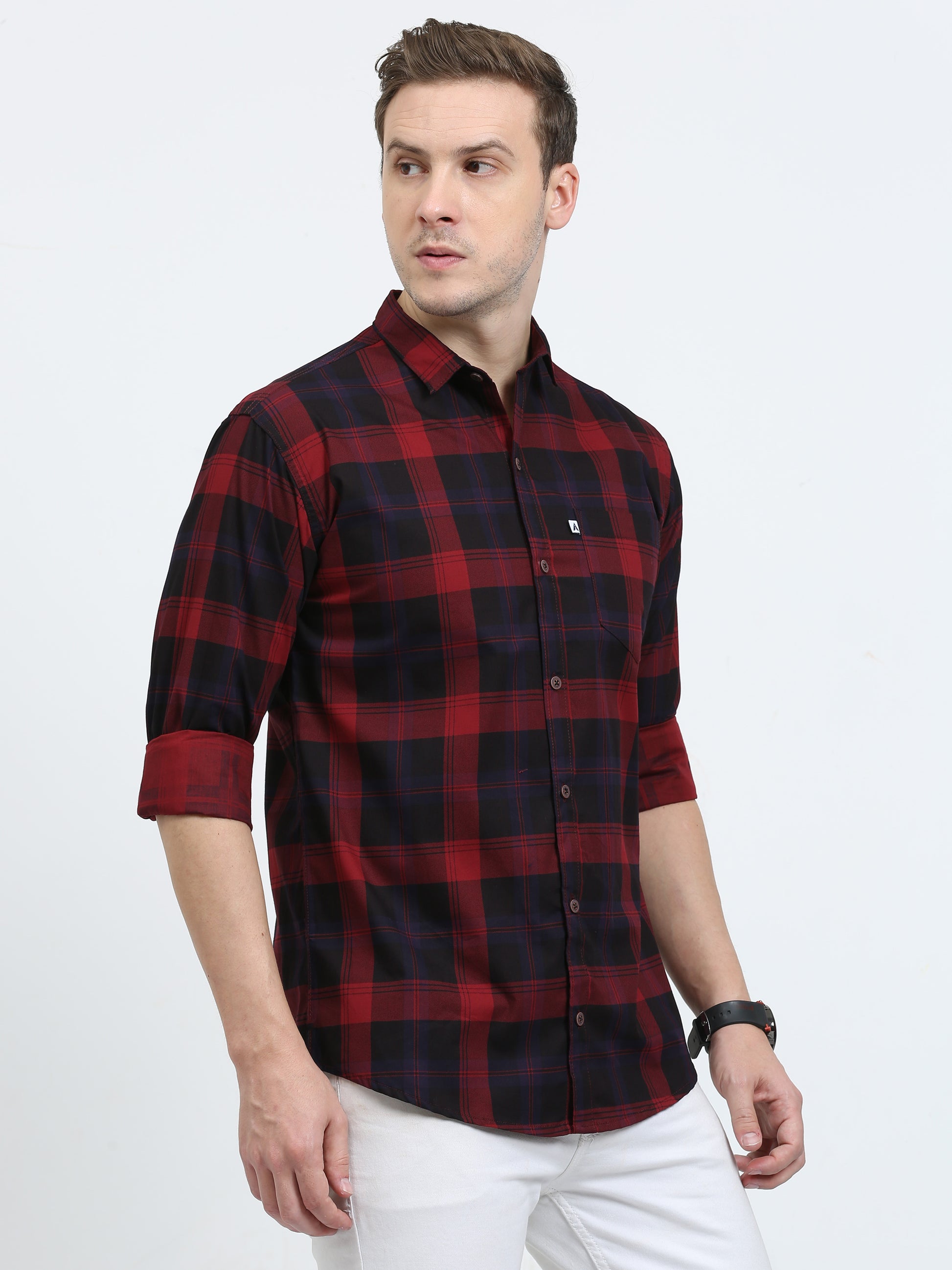 Cotton Tartan Red Black Plaid Shirt for Men