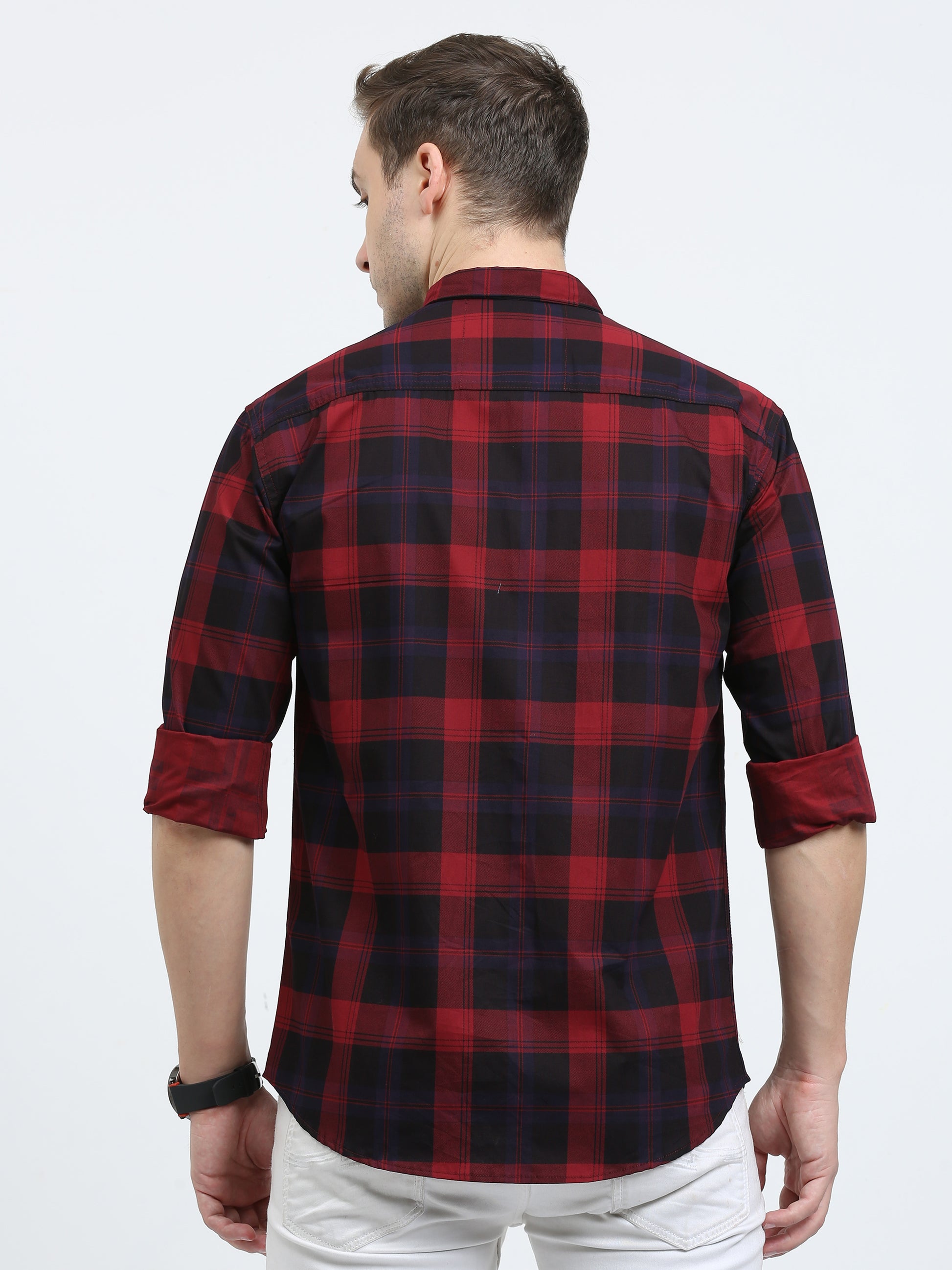 Cotton Tartan Red Black Plaid Shirt for Men