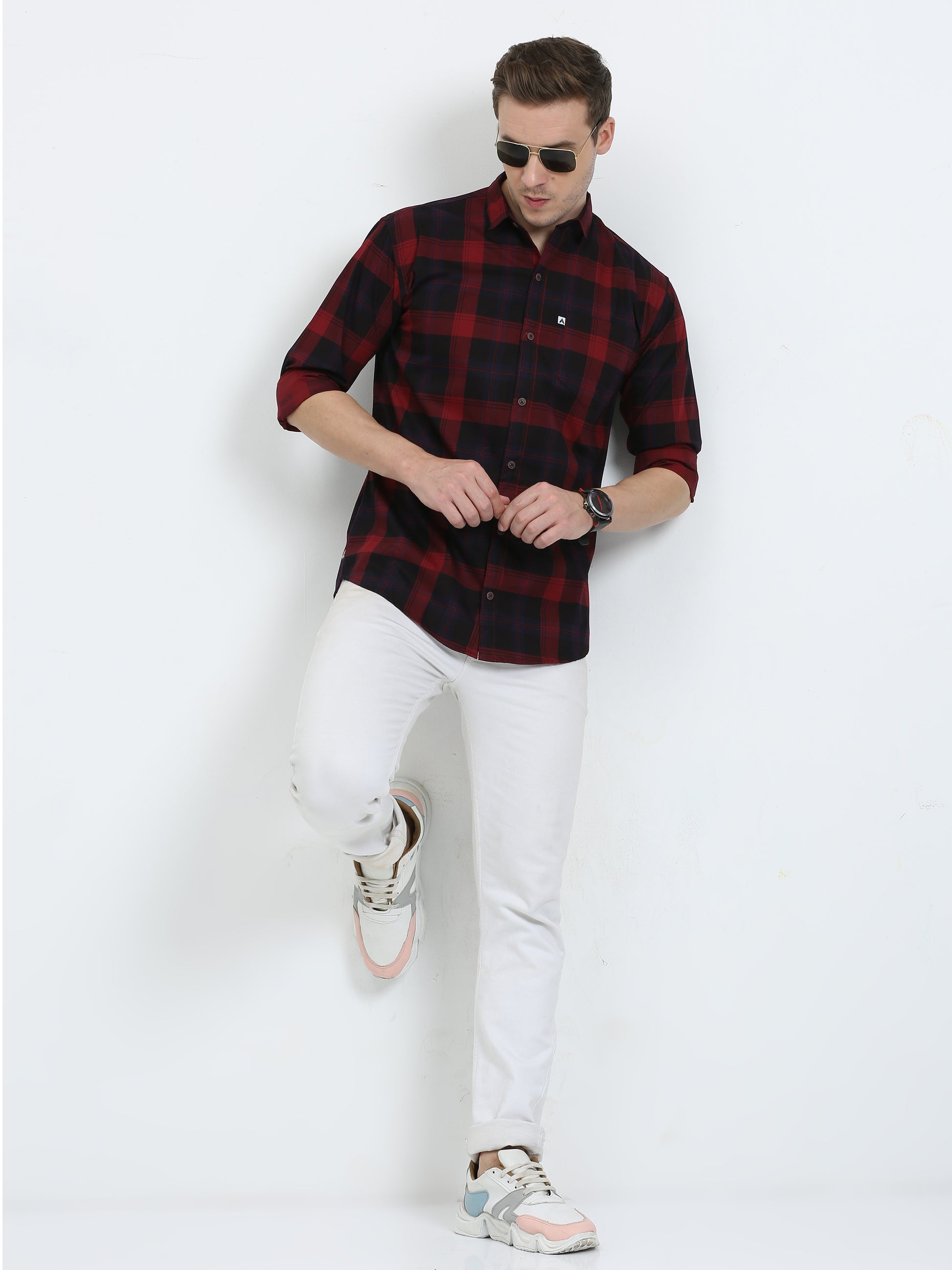 Cotton Tartan Red Black Plaid Shirt for Men