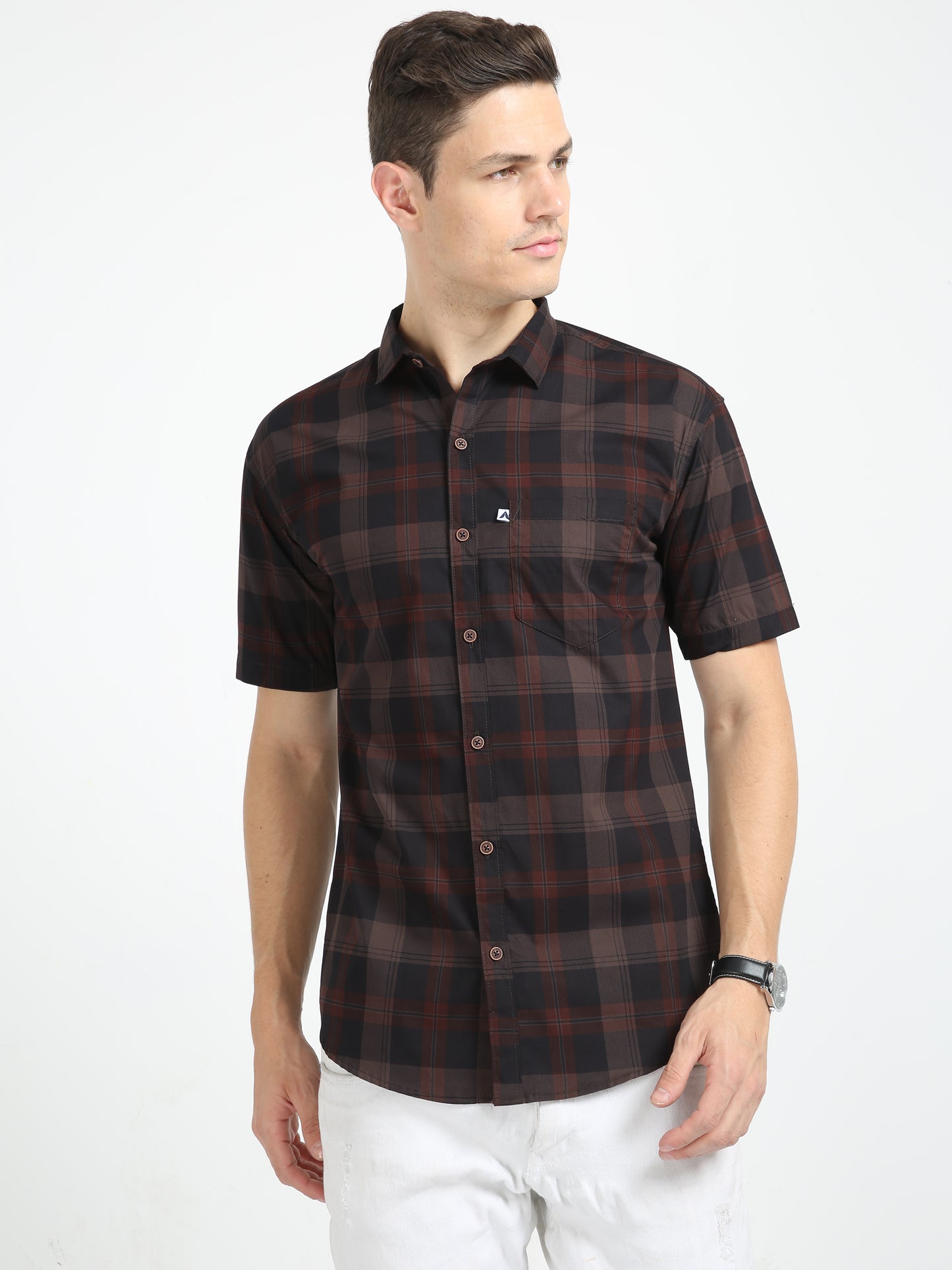 Half Sleeve Tartan Plaid Check Shirt Brown for Men