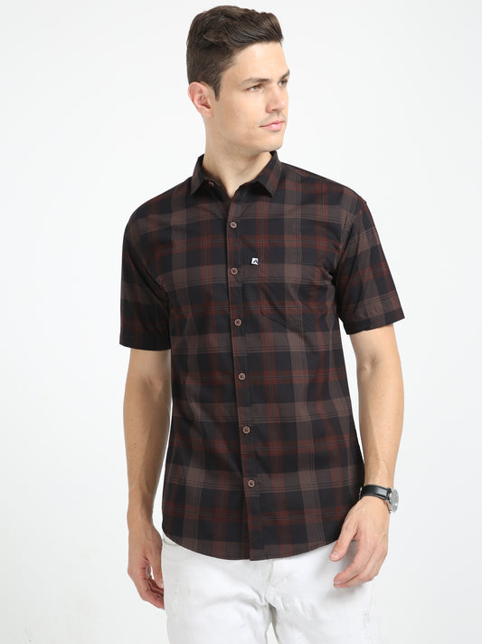 Half Sleeve Tartan Plaid Check Shirt Brown for Men