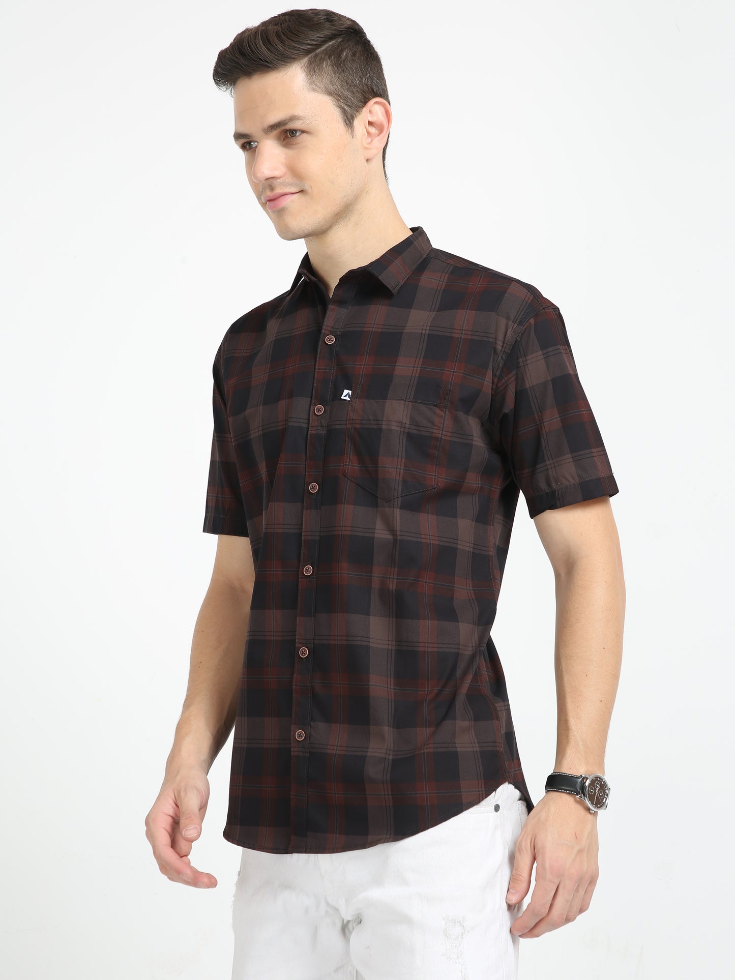 Half Sleeve Tartan Plaid Check Shirt Brown for Men