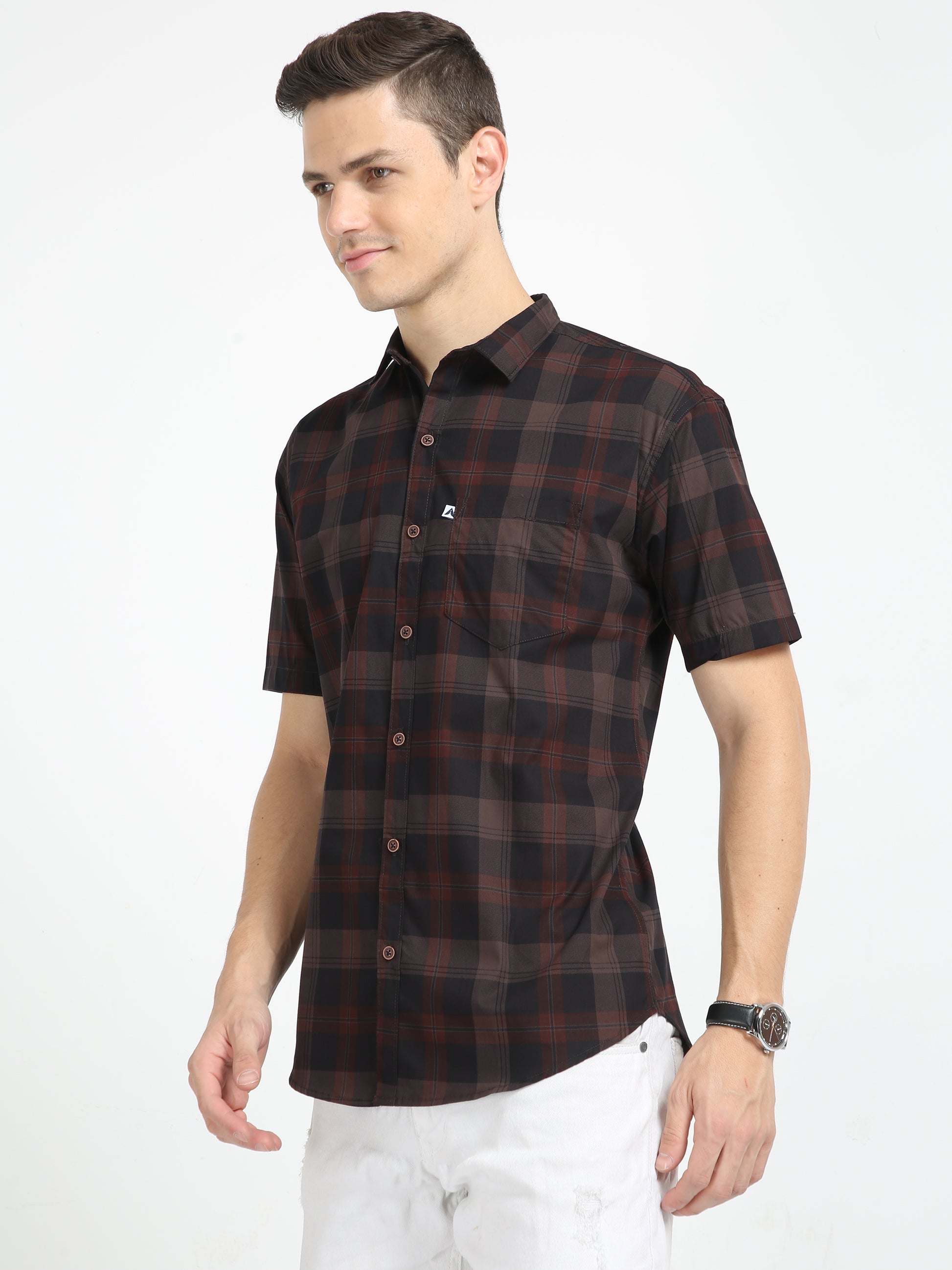 Half Sleeve Tartan Plaid Check Shirt Brown for Men