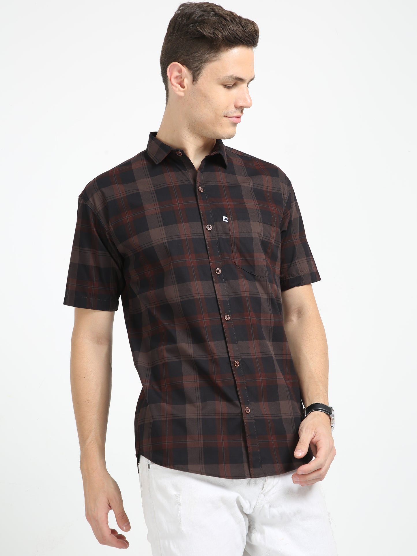Half Sleeve Tartan Plaid Check Shirt Brown for Men