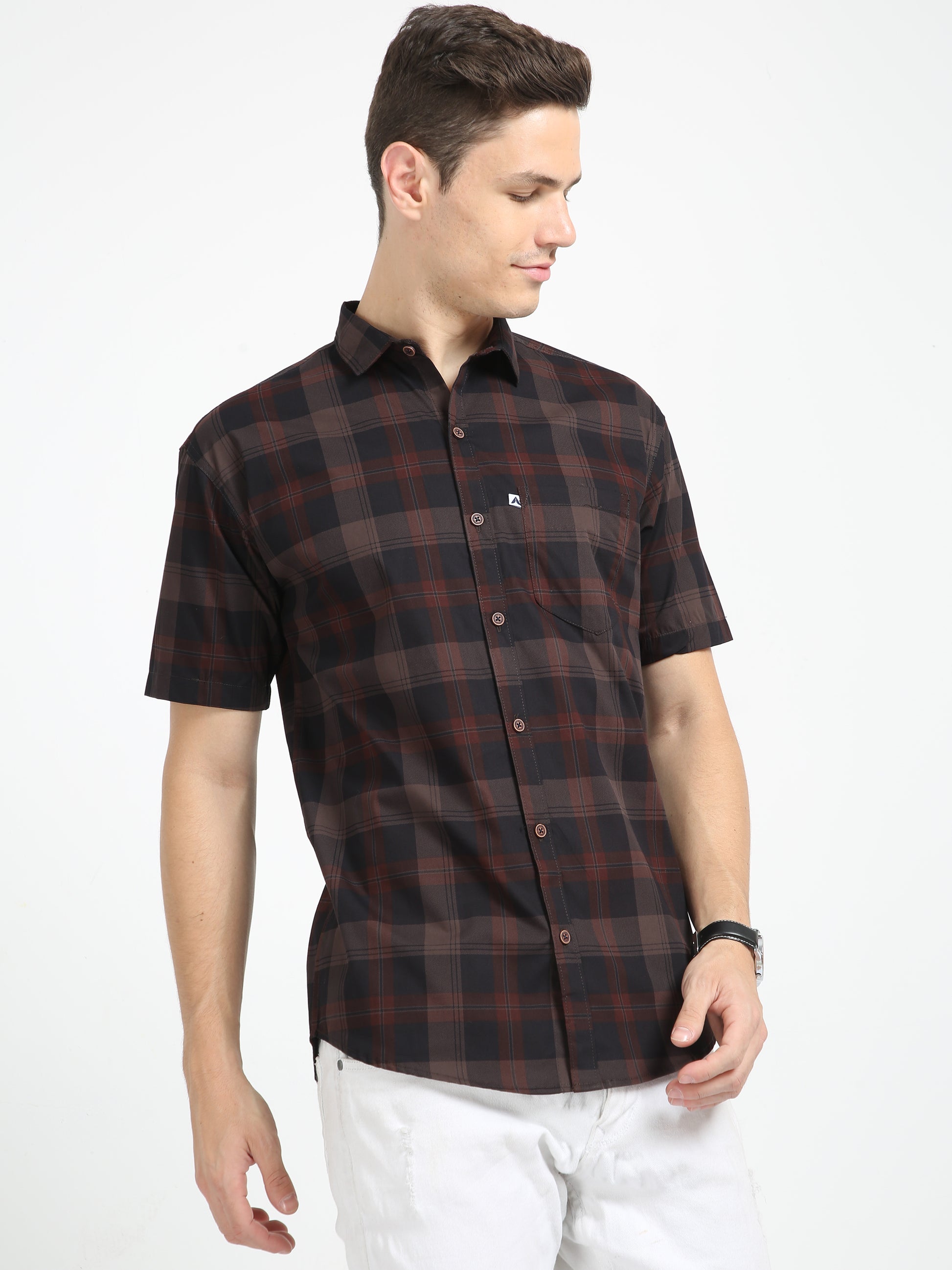 Half Sleeve Tartan Plaid Check Shirt Brown for Men