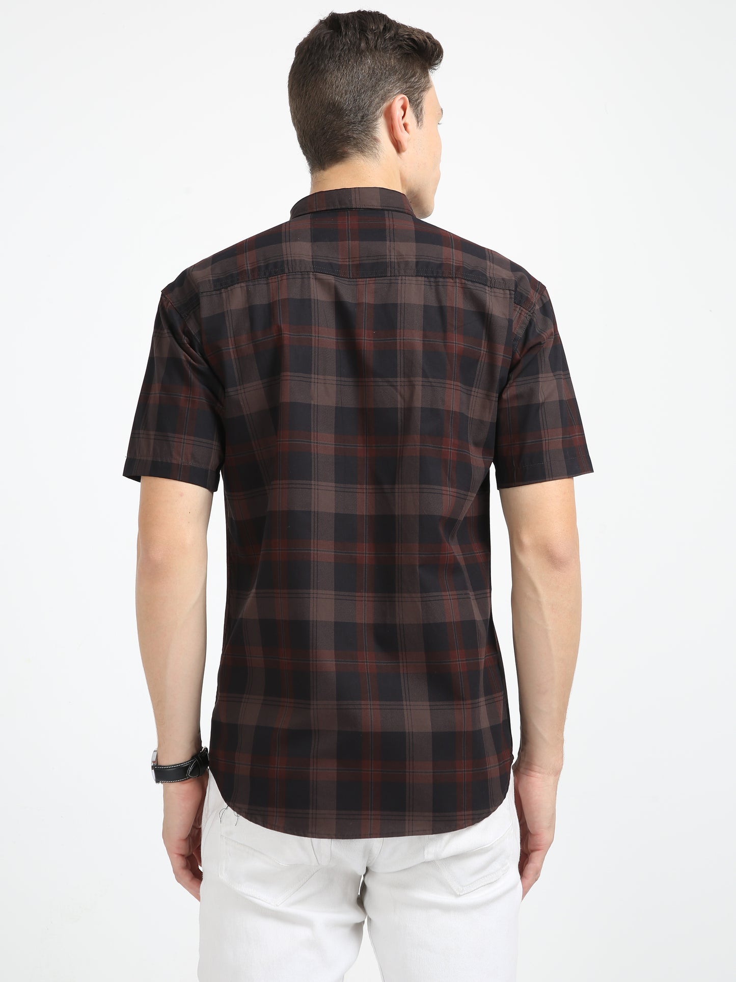 Half Sleeve Tartan Plaid Check Shirt Brown for Men