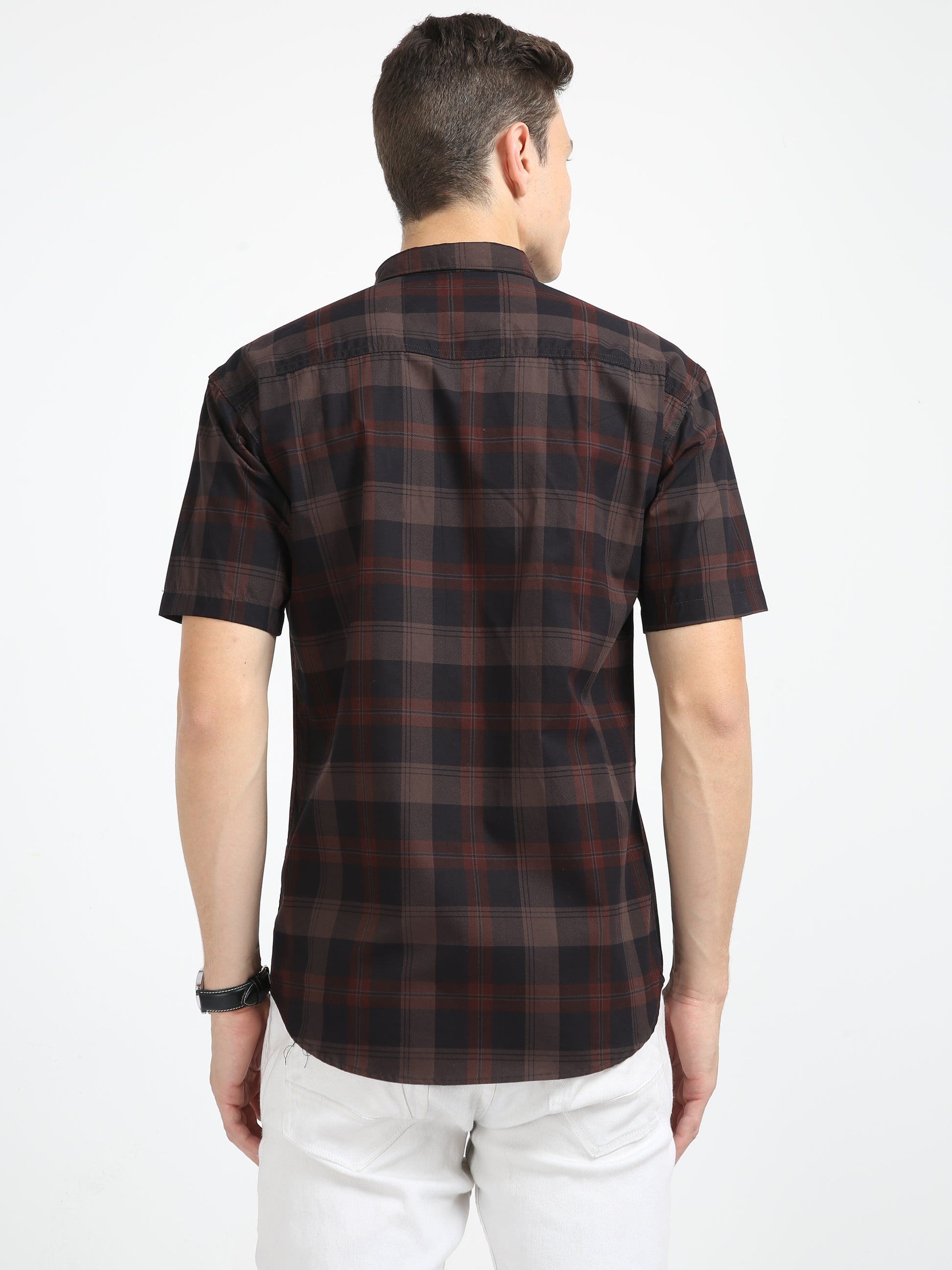 Half Sleeve Tartan Plaid Check Shirt Brown for Men