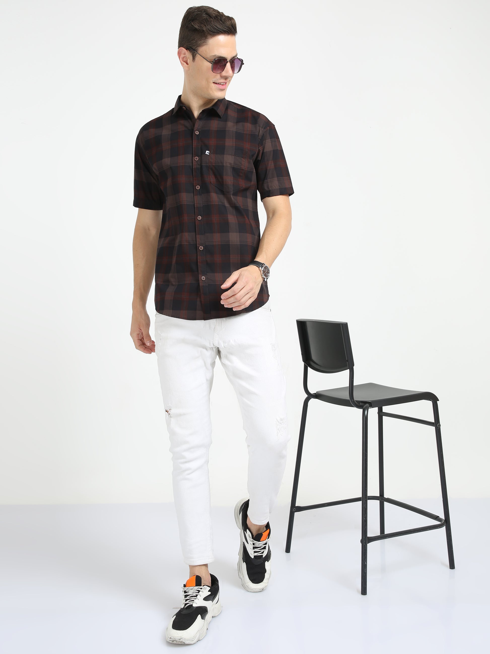 Half Sleeve Tartan Plaid Check Shirt Brown for Men