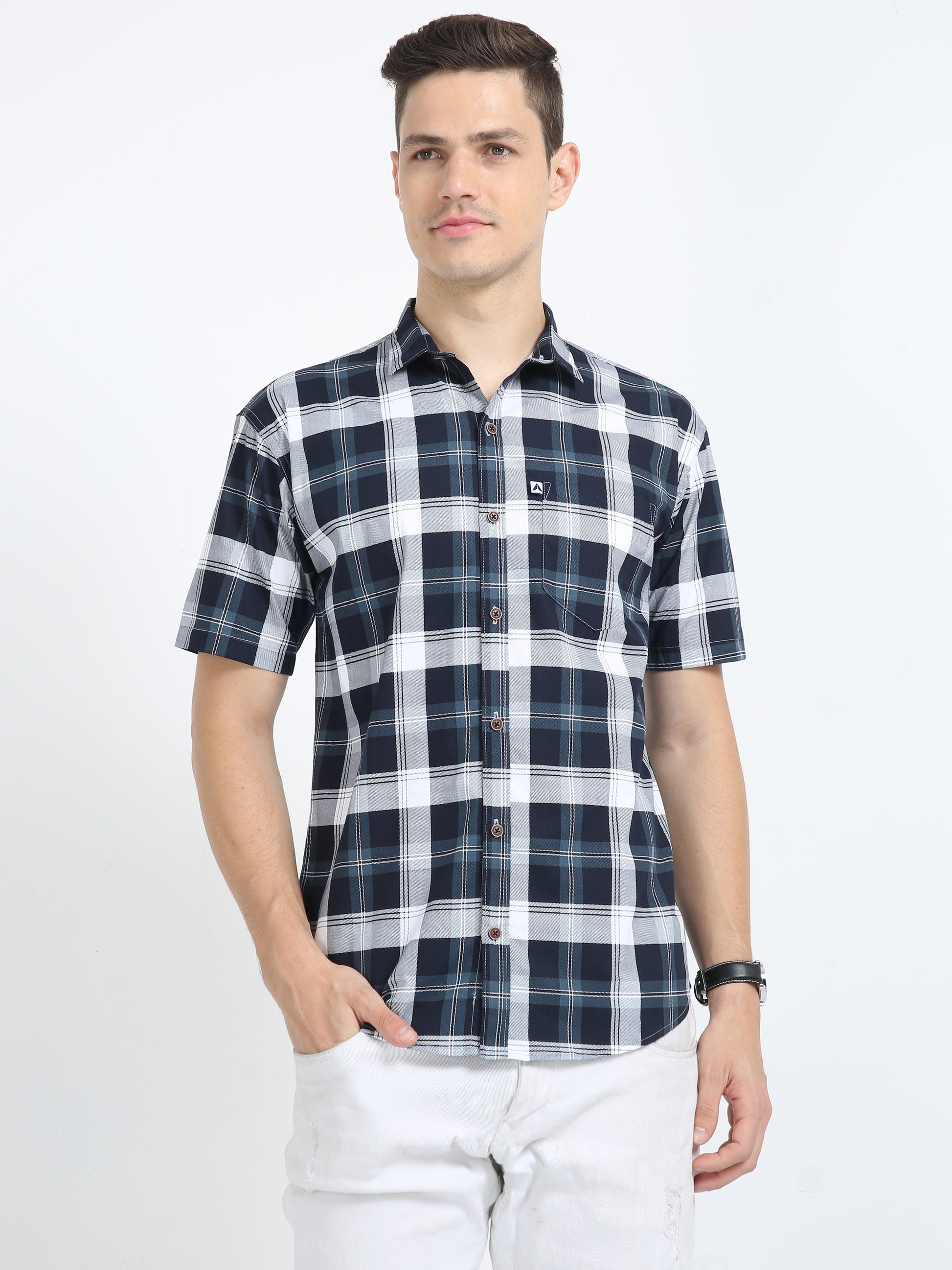 Half Sleeve Tartan Plaid Blue White Plaid Shirt for Men