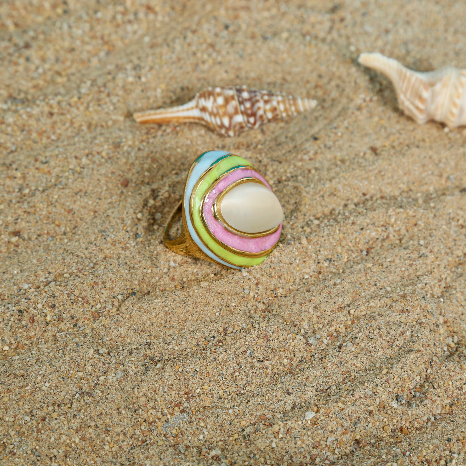 Multicolor enamel statement ring with a moonstone cabochon