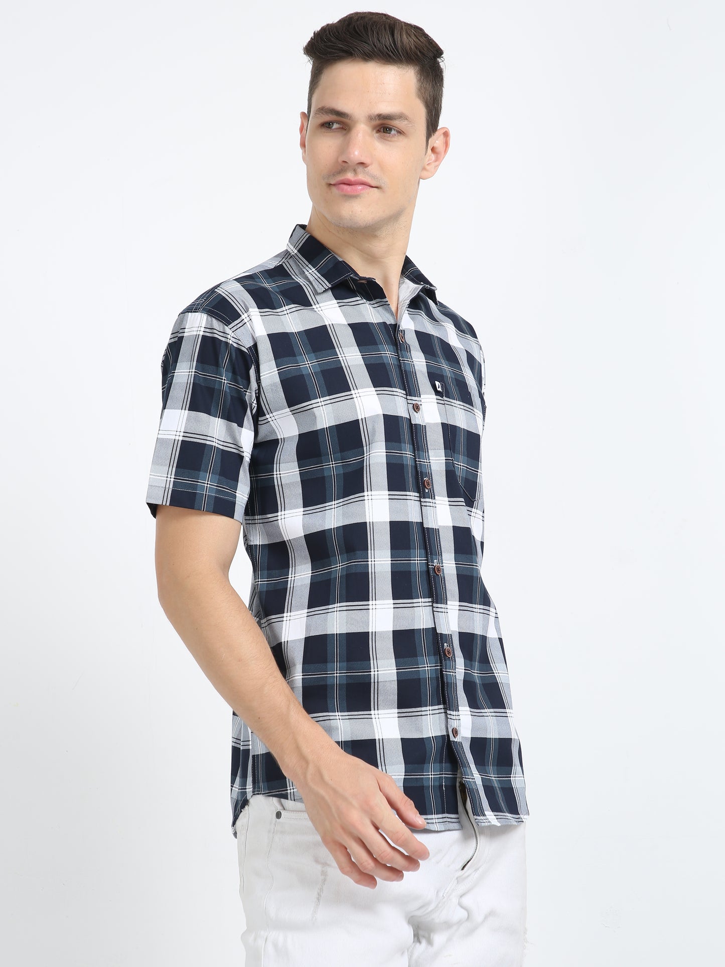 Half Sleeve Tartan Plaid Blue White Plaid Shirt for Men