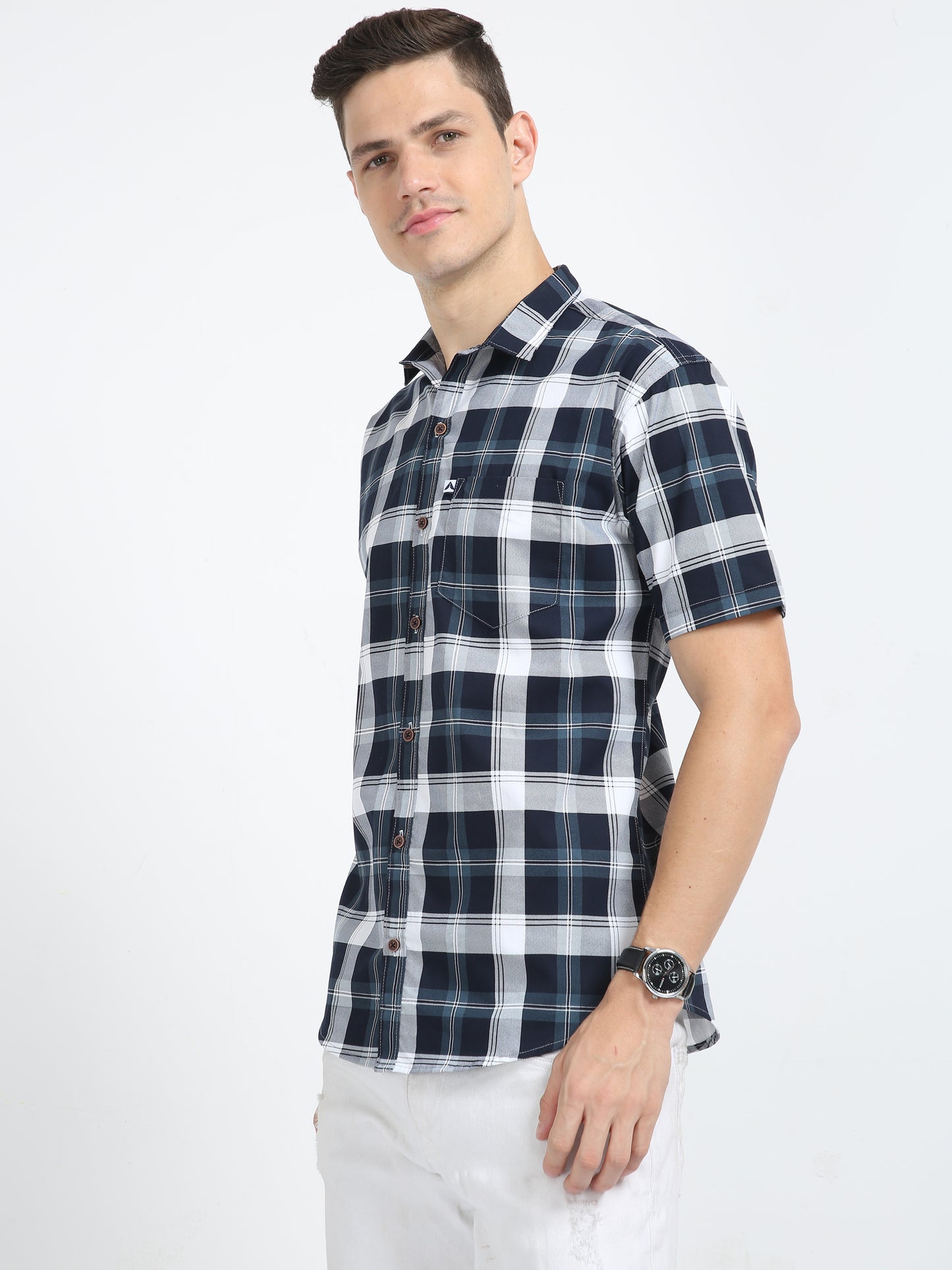 Half Sleeve Tartan Plaid Blue White Plaid Shirt for Men