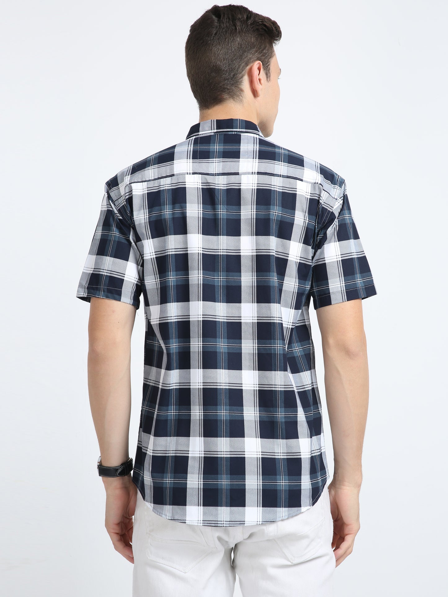 Half Sleeve Tartan Plaid Blue White Plaid Shirt for Men