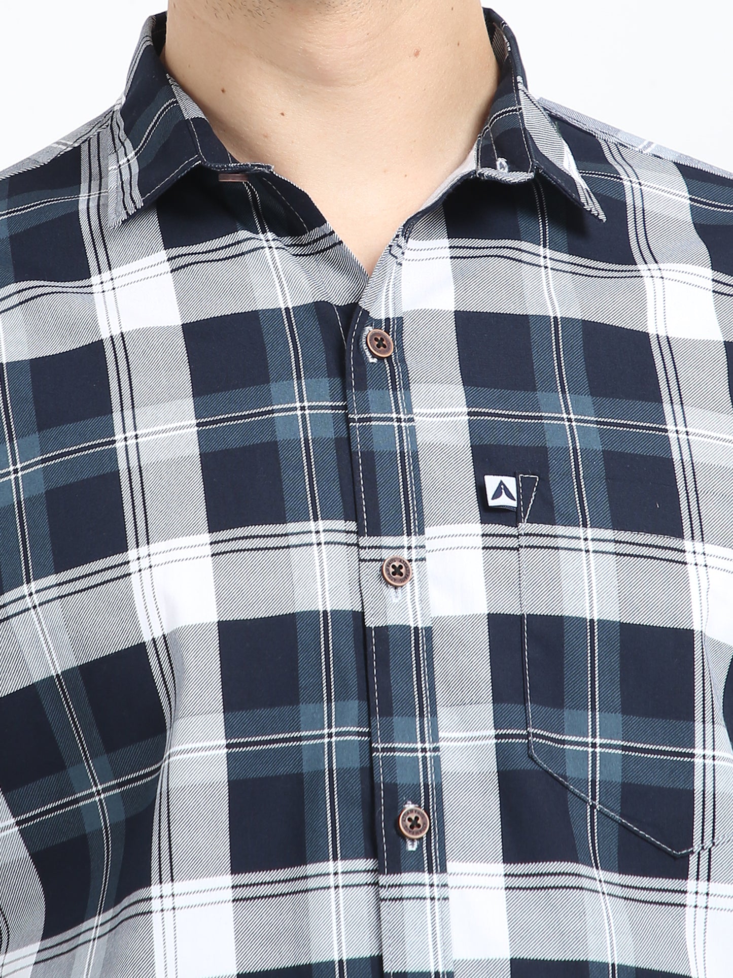 Half Sleeve Tartan Plaid Blue White Plaid Shirt for Men