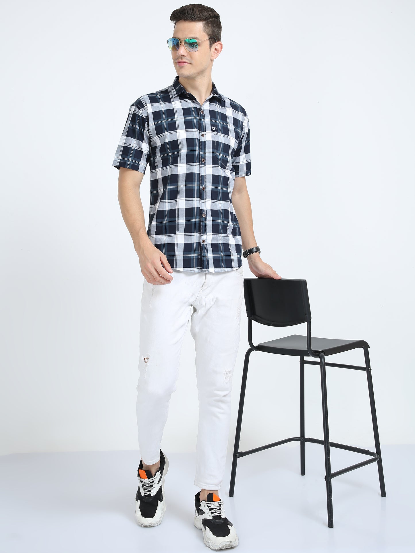 Half Sleeve Tartan Plaid Blue White Plaid Shirt for Men