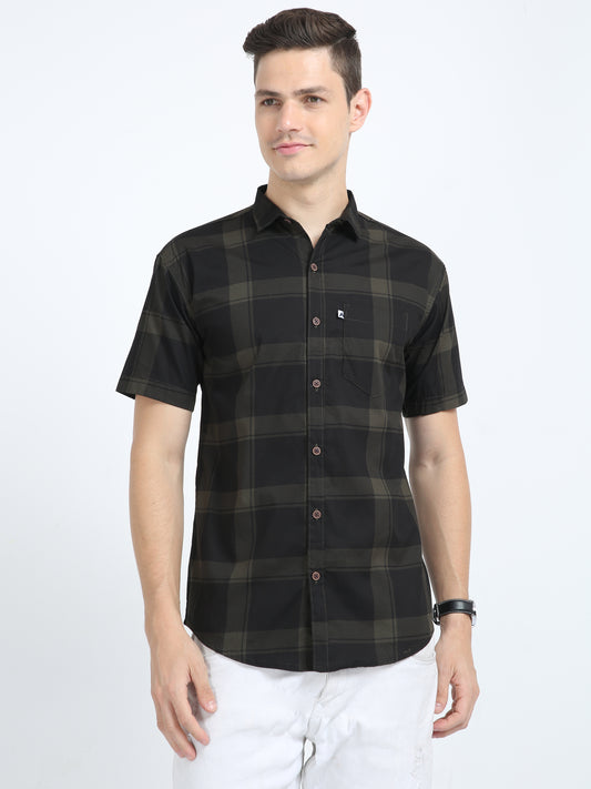 Half Sleeve Tartan Plaid Mens Grey Check Shirt