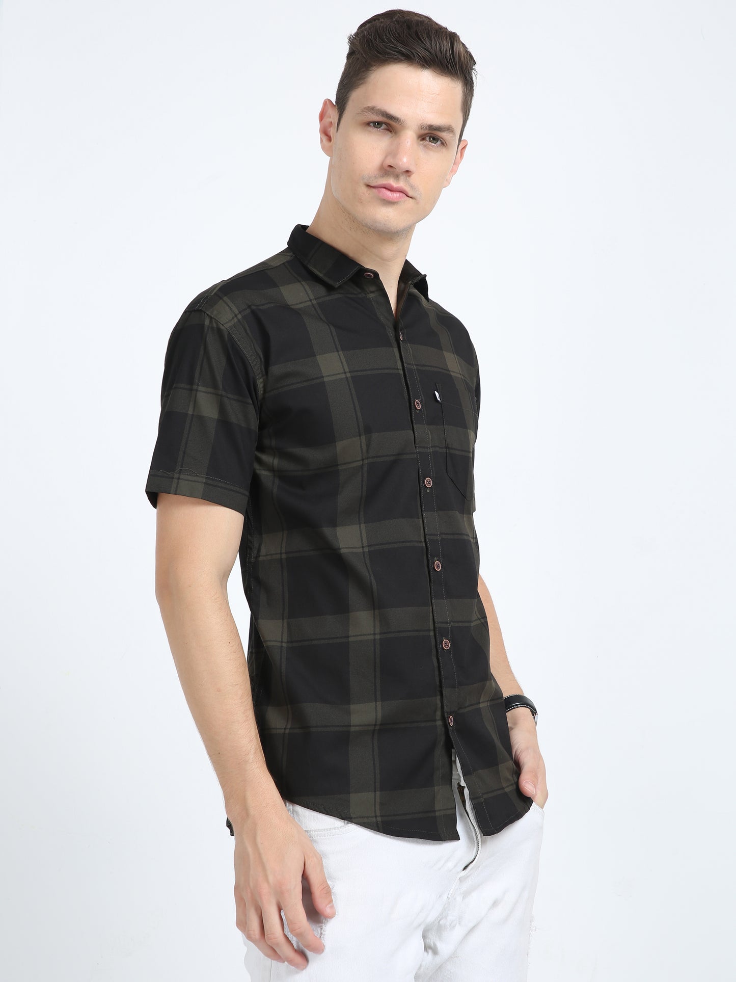 Half Sleeve Tartan Plaid Mens Grey Check Shirt