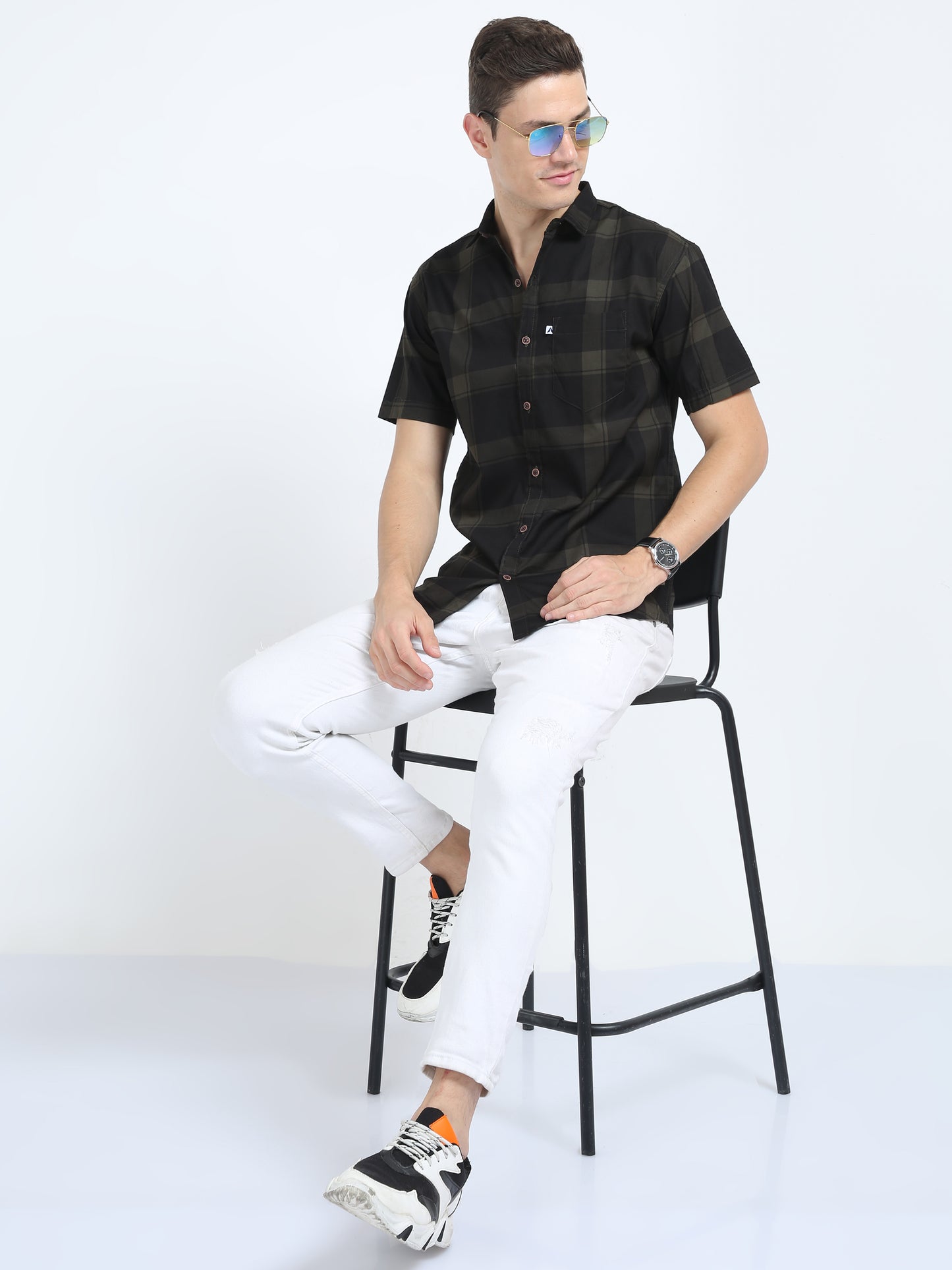 Half Sleeve Tartan Plaid Mens Grey Check Shirt