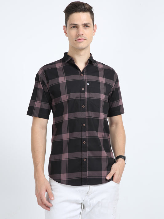 Half Sleeve Tartan Plaid Violet Check Shirt for Men