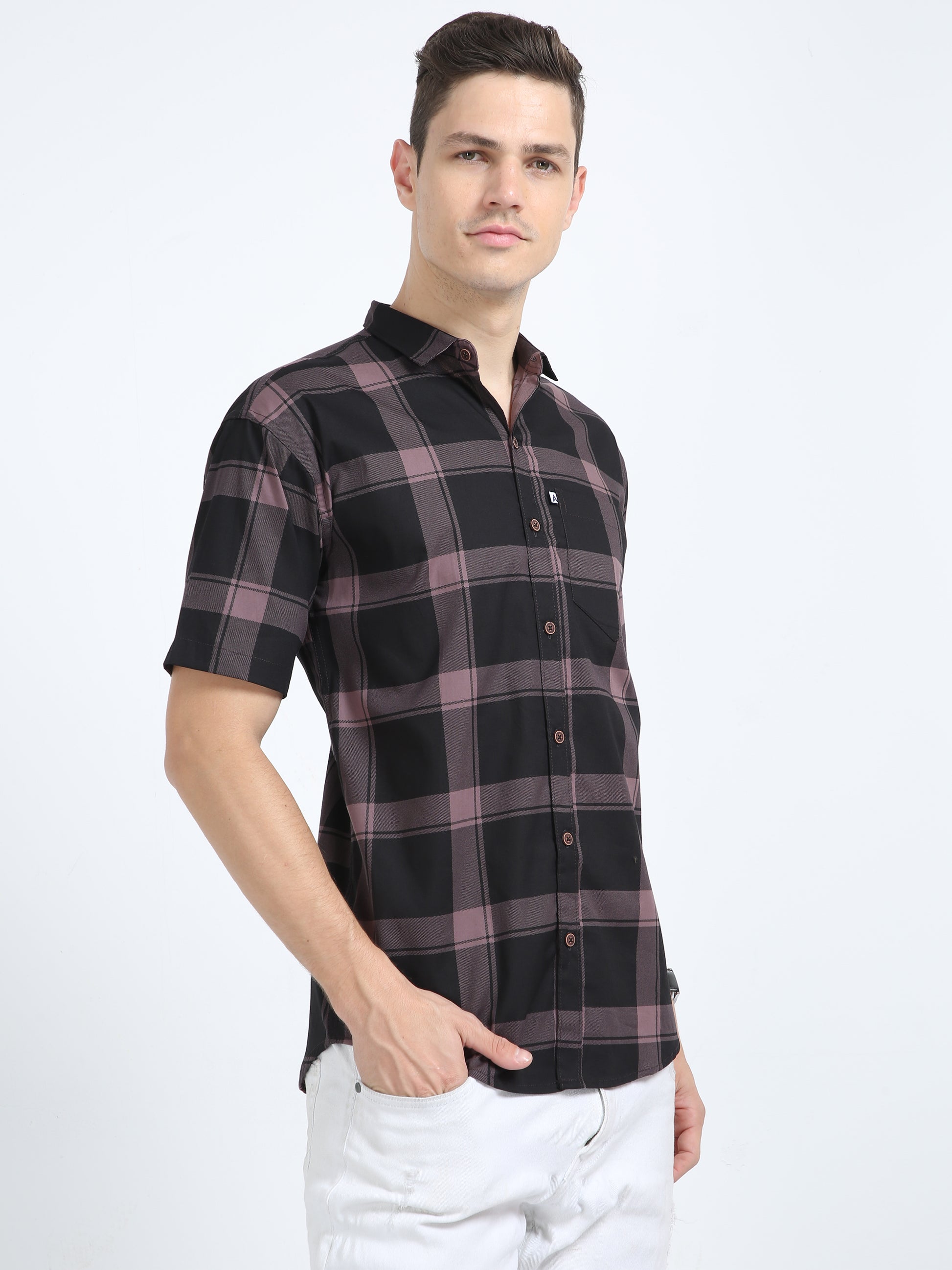 Half Sleeve Tartan Plaid Violet Check Shirt for Men