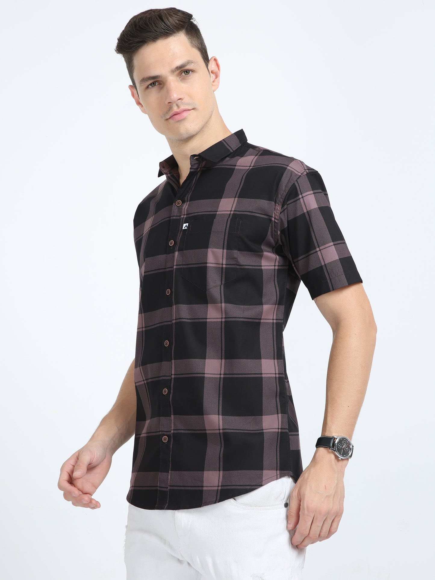 Half Sleeve Tartan Plaid Violet Check Shirt for Men