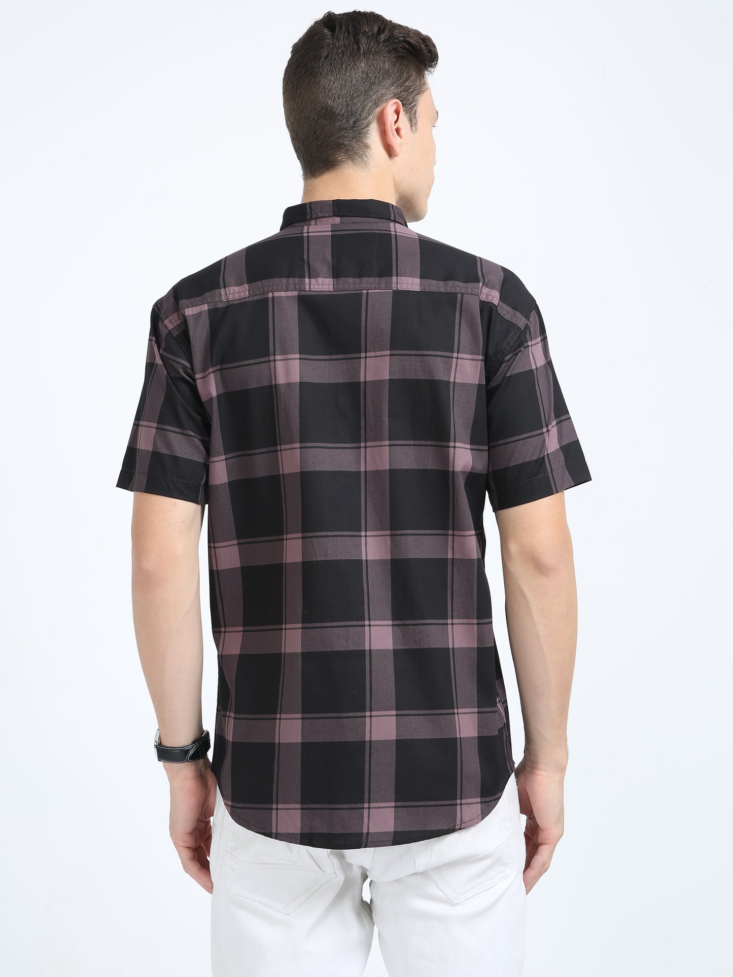 Half Sleeve Tartan Plaid Violet Check Shirt for Men