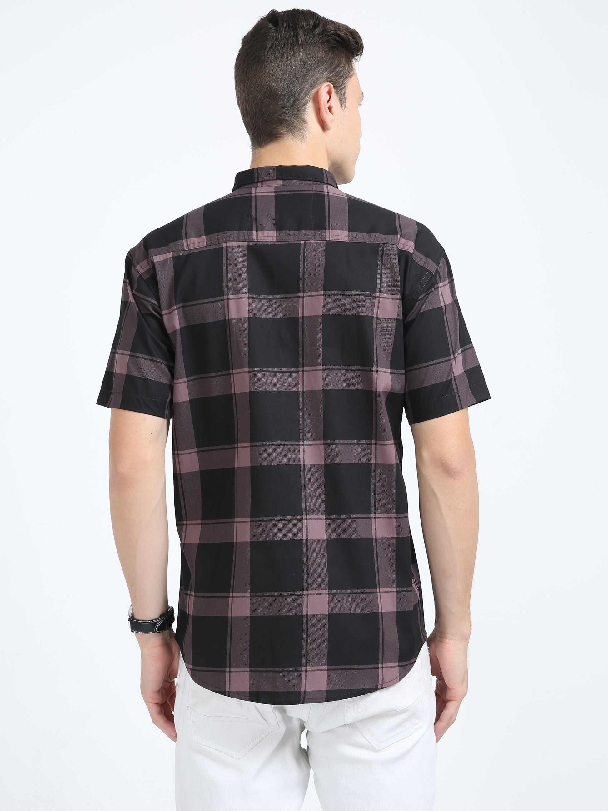 Half Sleeve Tartan Plaid Violet Check Shirt for Men
