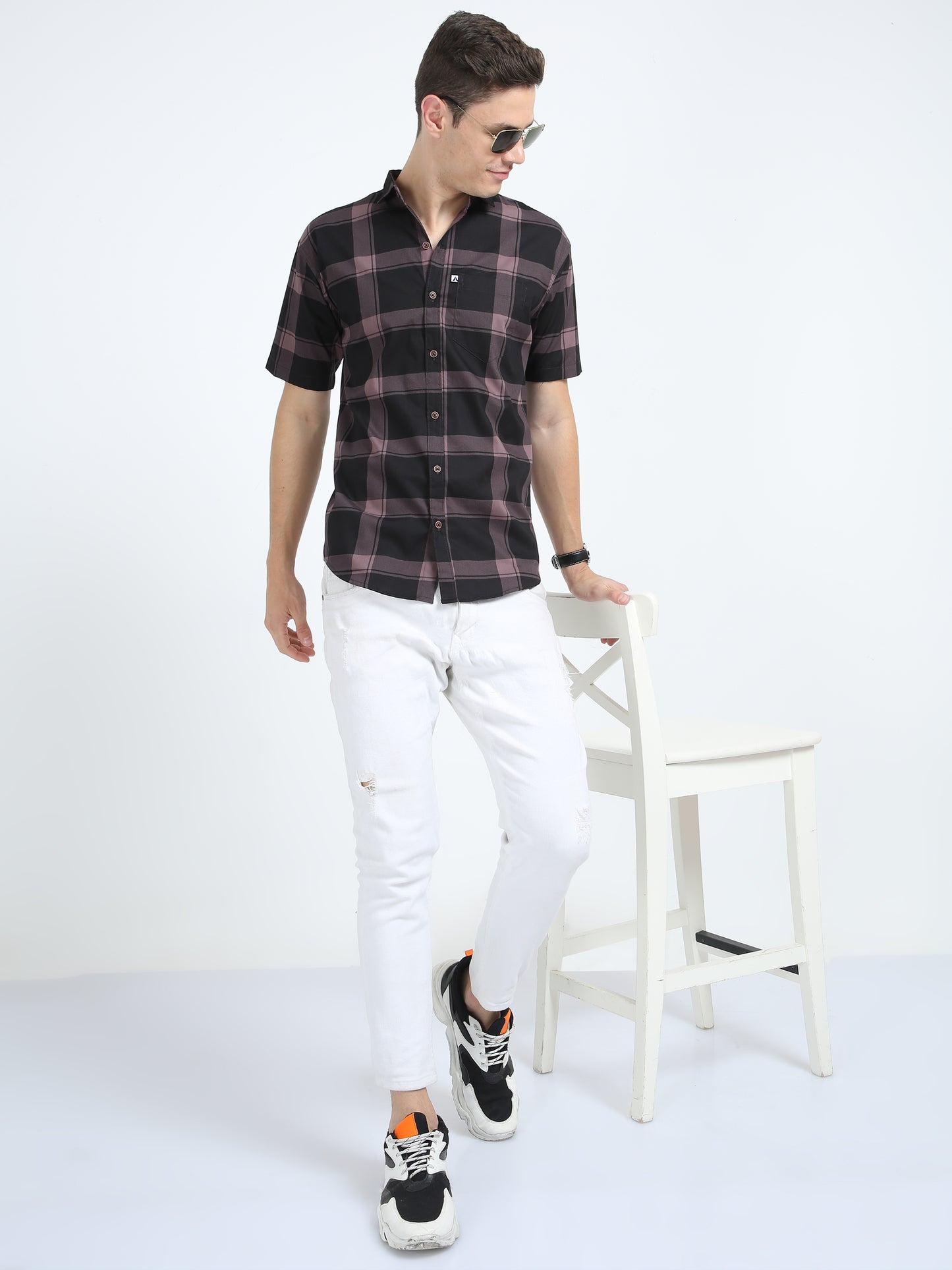 Half Sleeve Tartan Plaid Violet Check Shirt for Men