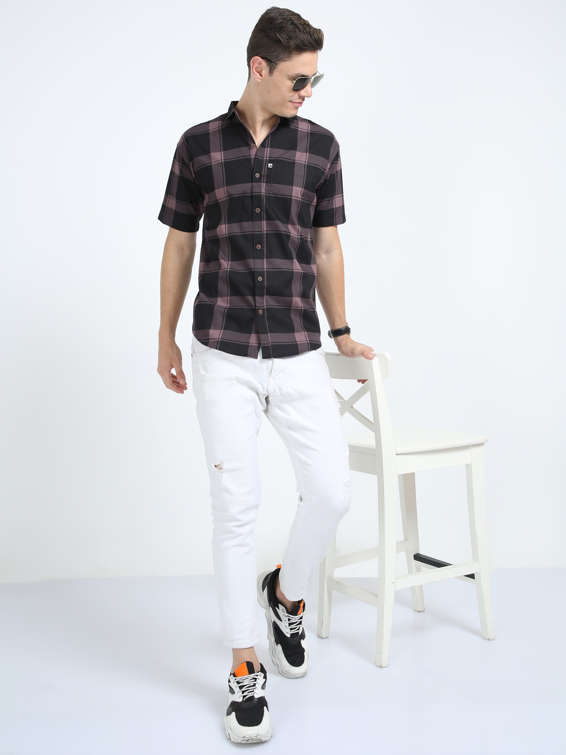 Half Sleeve Tartan Plaid Violet Check Shirt for Men