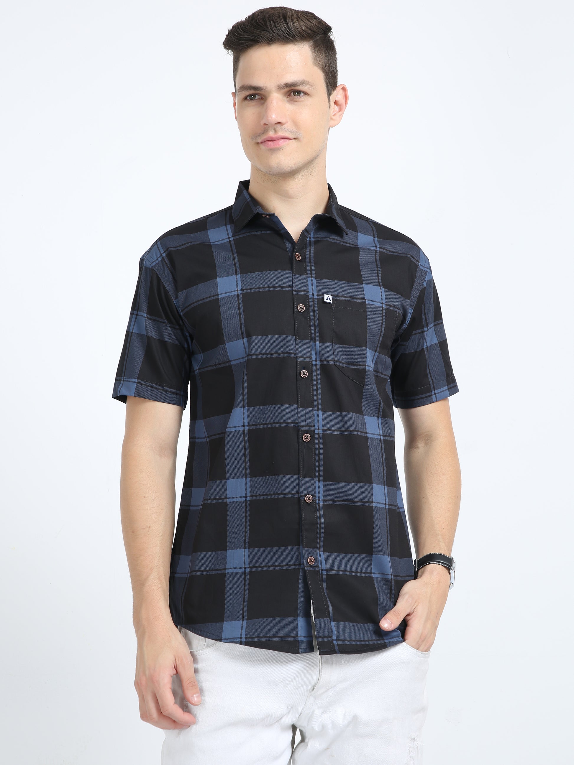 Half Sleeve Tartan Plaid Shirt Blue for Men Regular Fit