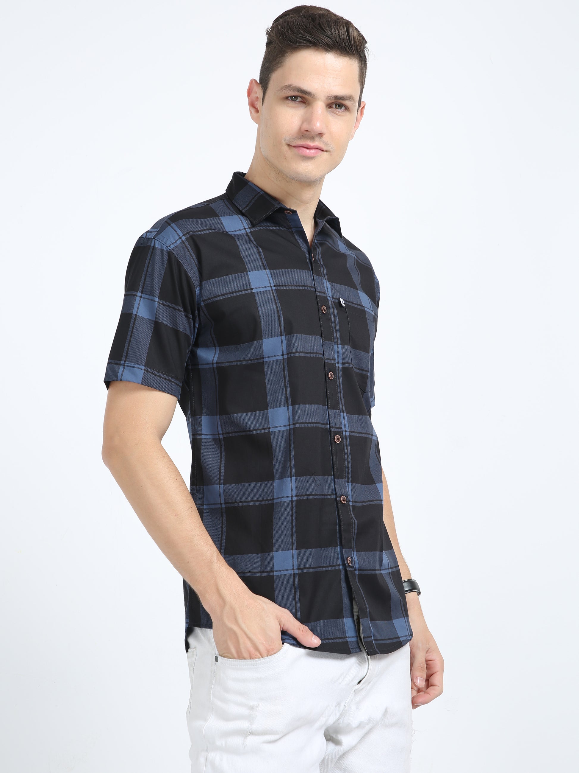 Half Sleeve Tartan Plaid Shirt Blue for Men Regular Fit