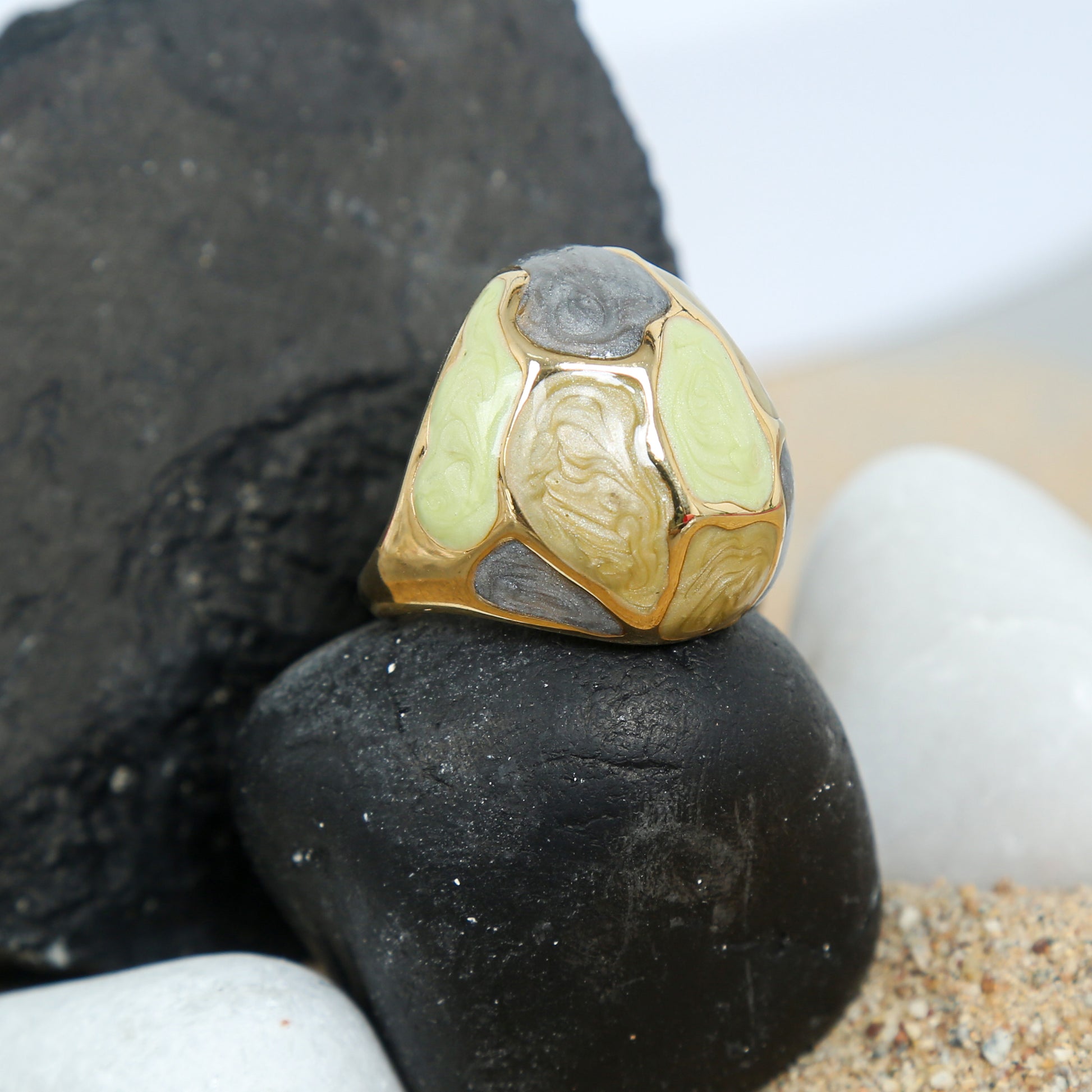 Gold-plated anti-tarnish statement ring with green and grey enamel mosaic design