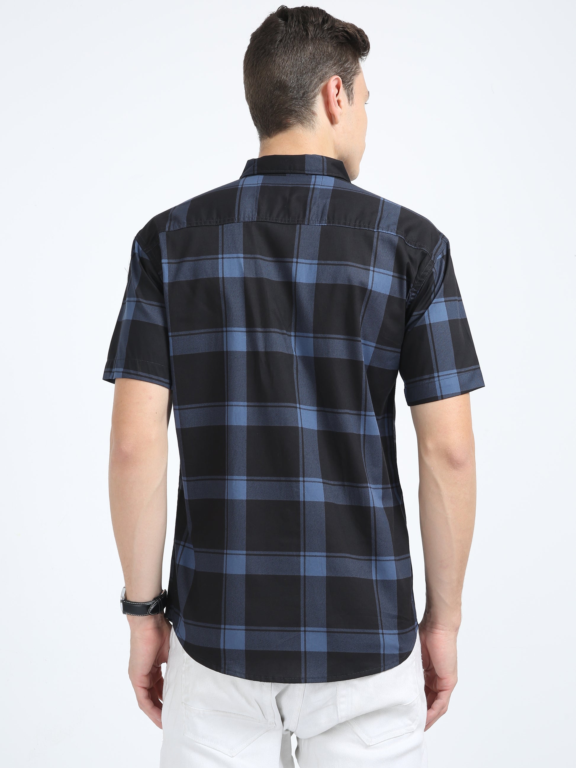 Half Sleeve Tartan Plaid Shirt Blue for Men Regular Fit