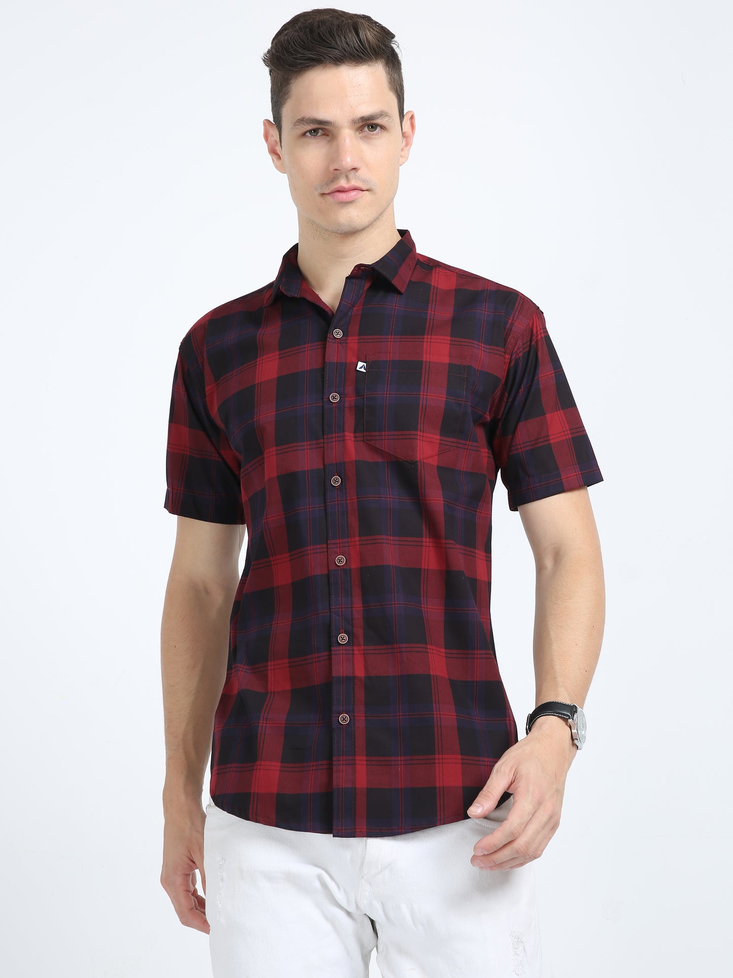 Half Sleeve Tartan Plaid Maroon Check Shirt for Men
