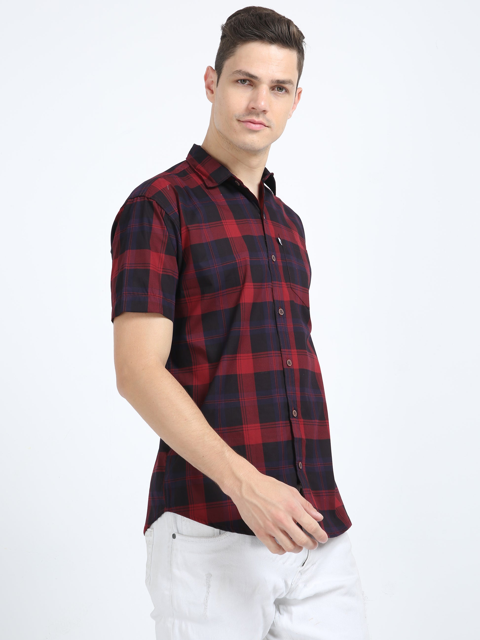 Half Sleeve Tartan Plaid Maroon Check Shirt for Men