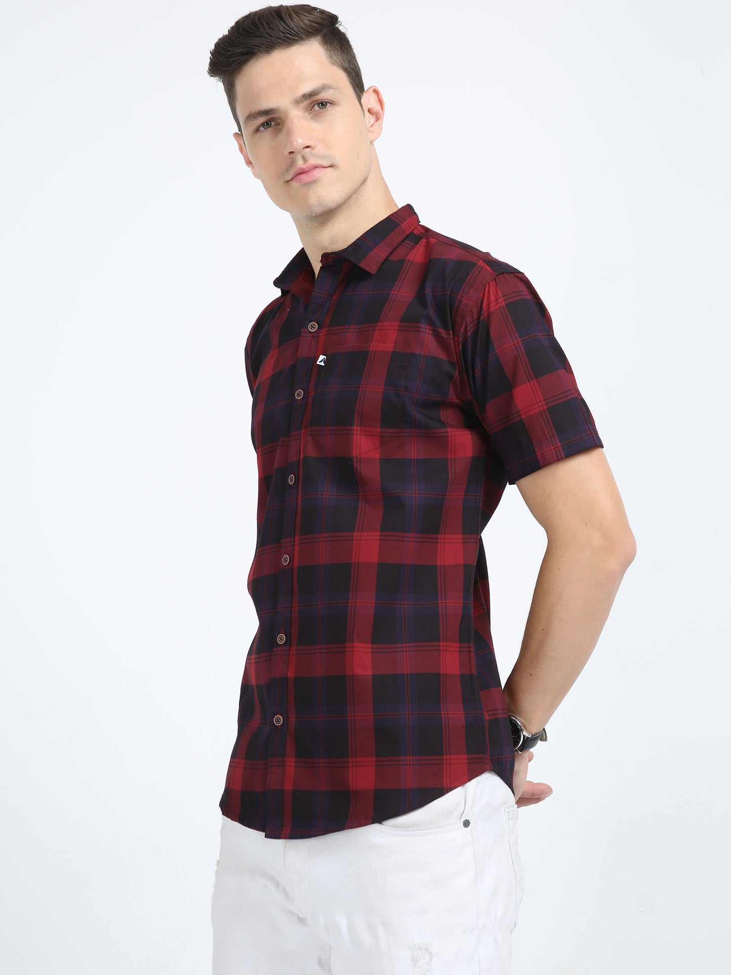 Half Sleeve Tartan Plaid Maroon Check Shirt for Men
