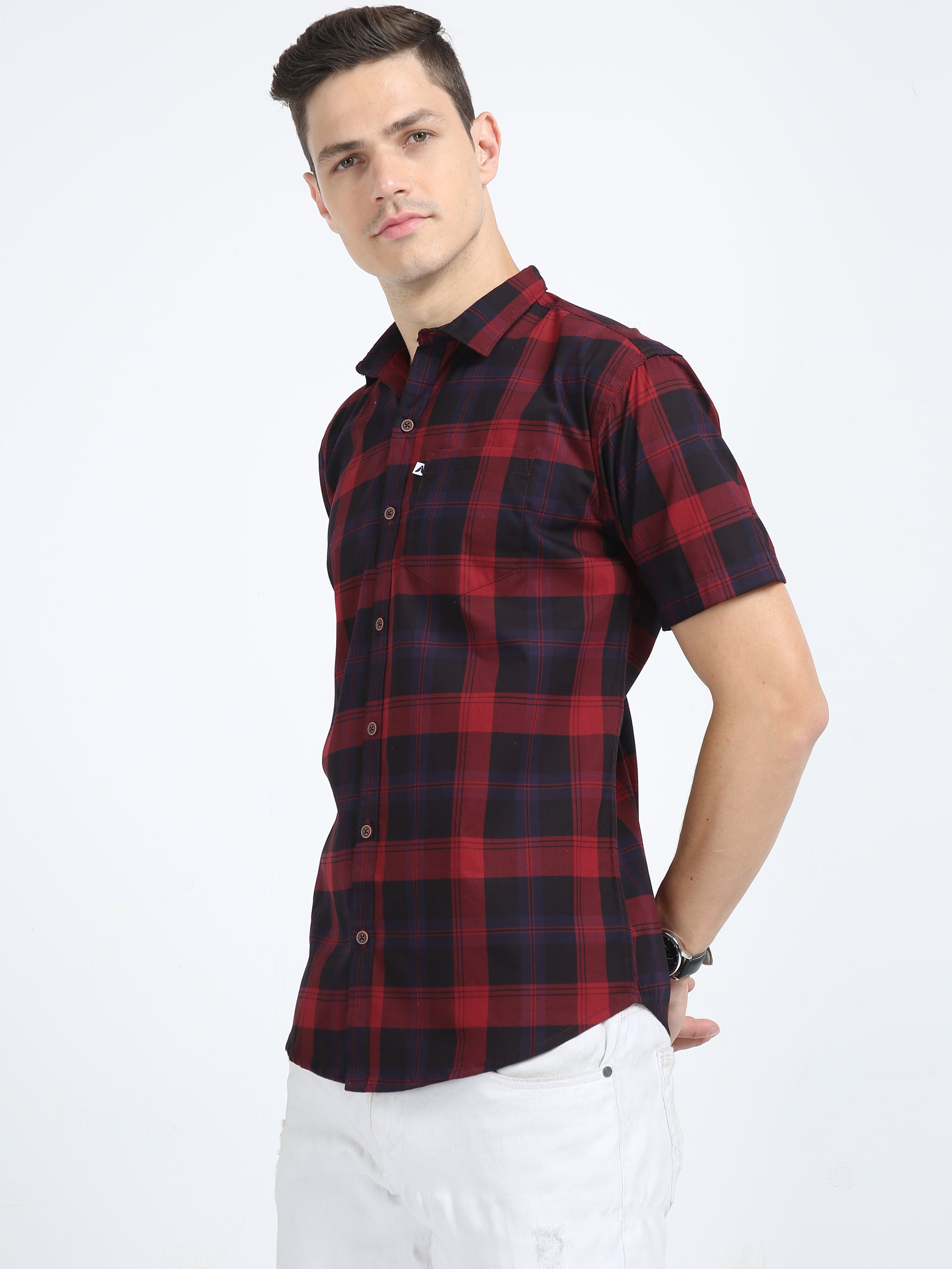 Half Sleeve Tartan Plaid Maroon Check Shirt for Men