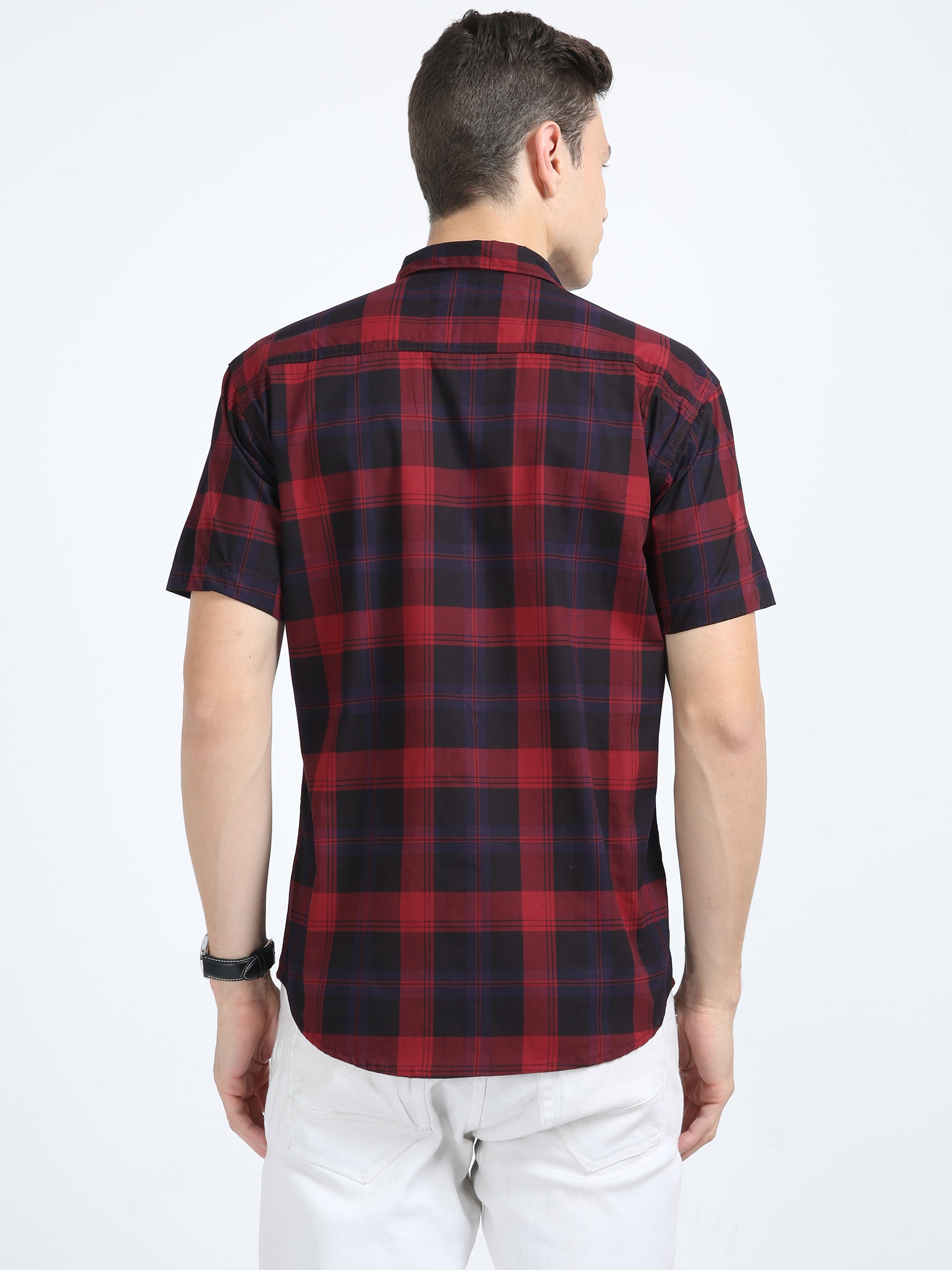 Half Sleeve Tartan Plaid Maroon Check Shirt for Men