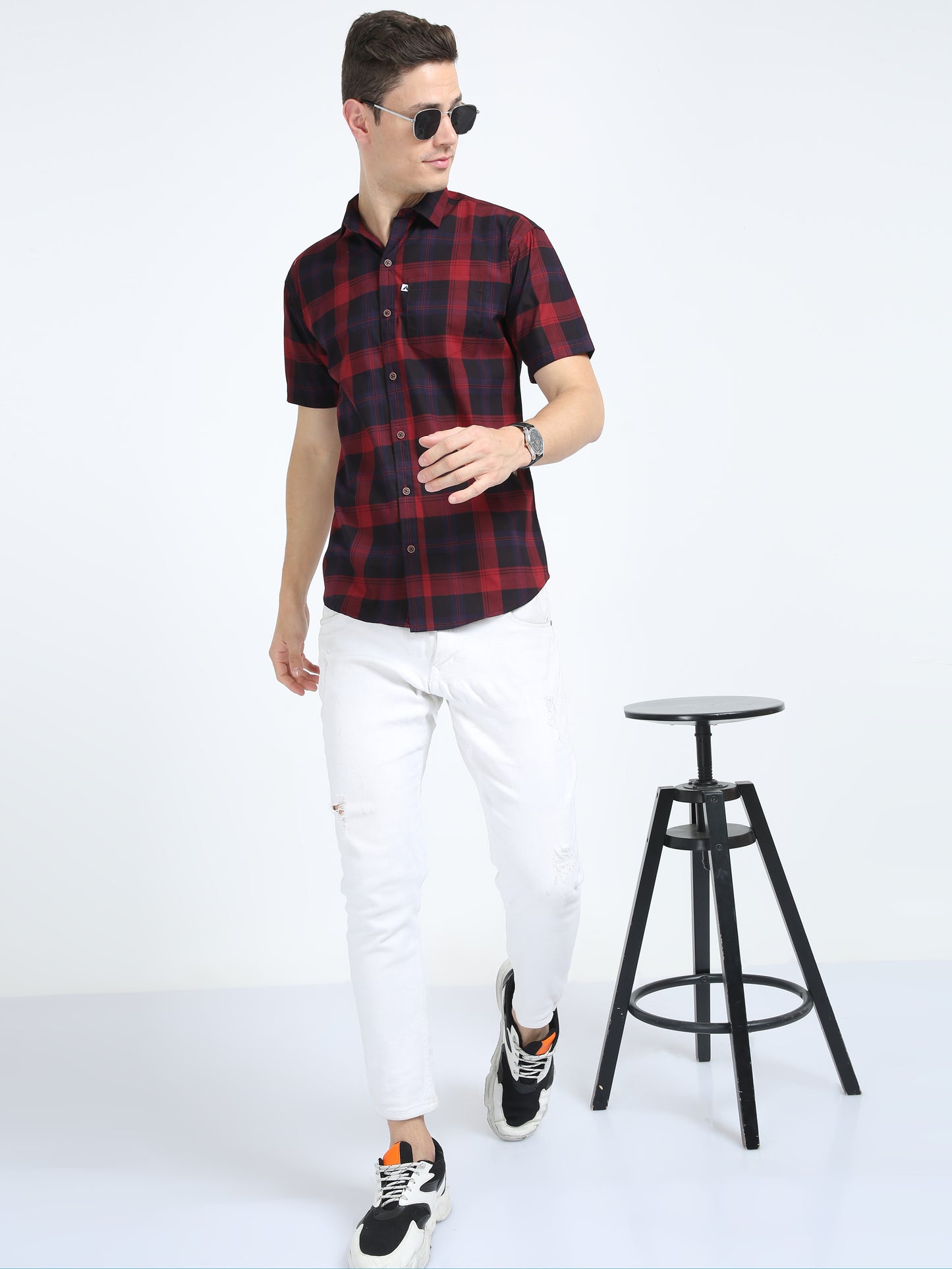 Half Sleeve Tartan Plaid Maroon Check Shirt for Men