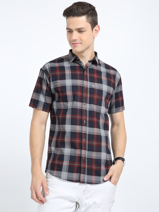 Half Sleeve Tartan Plaid Grey Check Shirt Regular Fit
