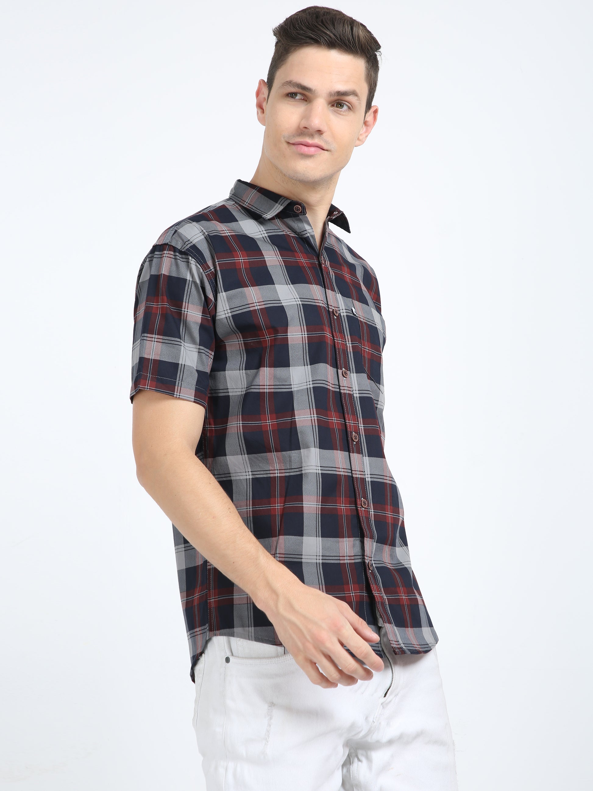 Half Sleeve Tartan Plaid Grey Check Shirt Regular Fit