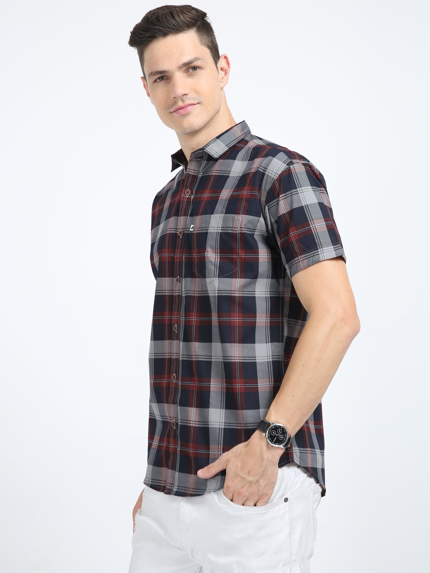 Half Sleeve Tartan Plaid Grey Check Shirt Regular Fit