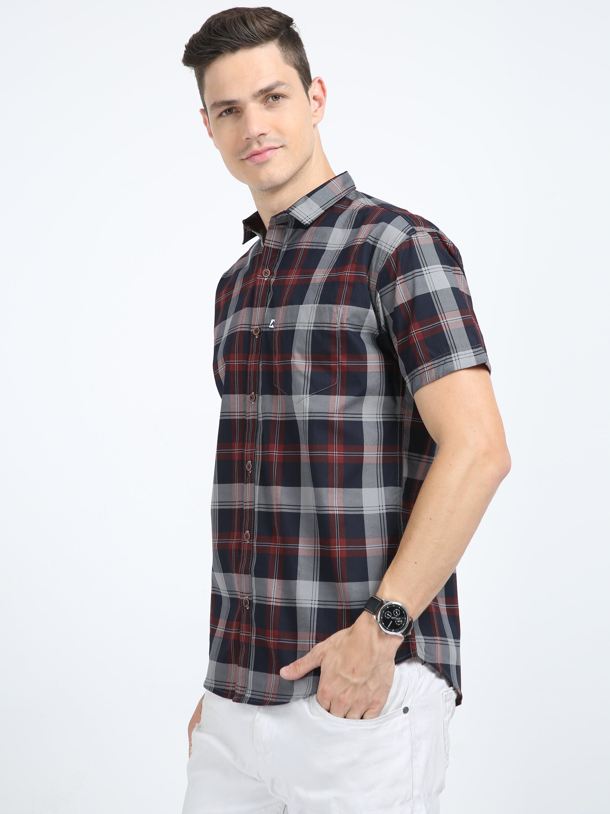 Half Sleeve Tartan Plaid Grey Check Shirt Regular Fit
