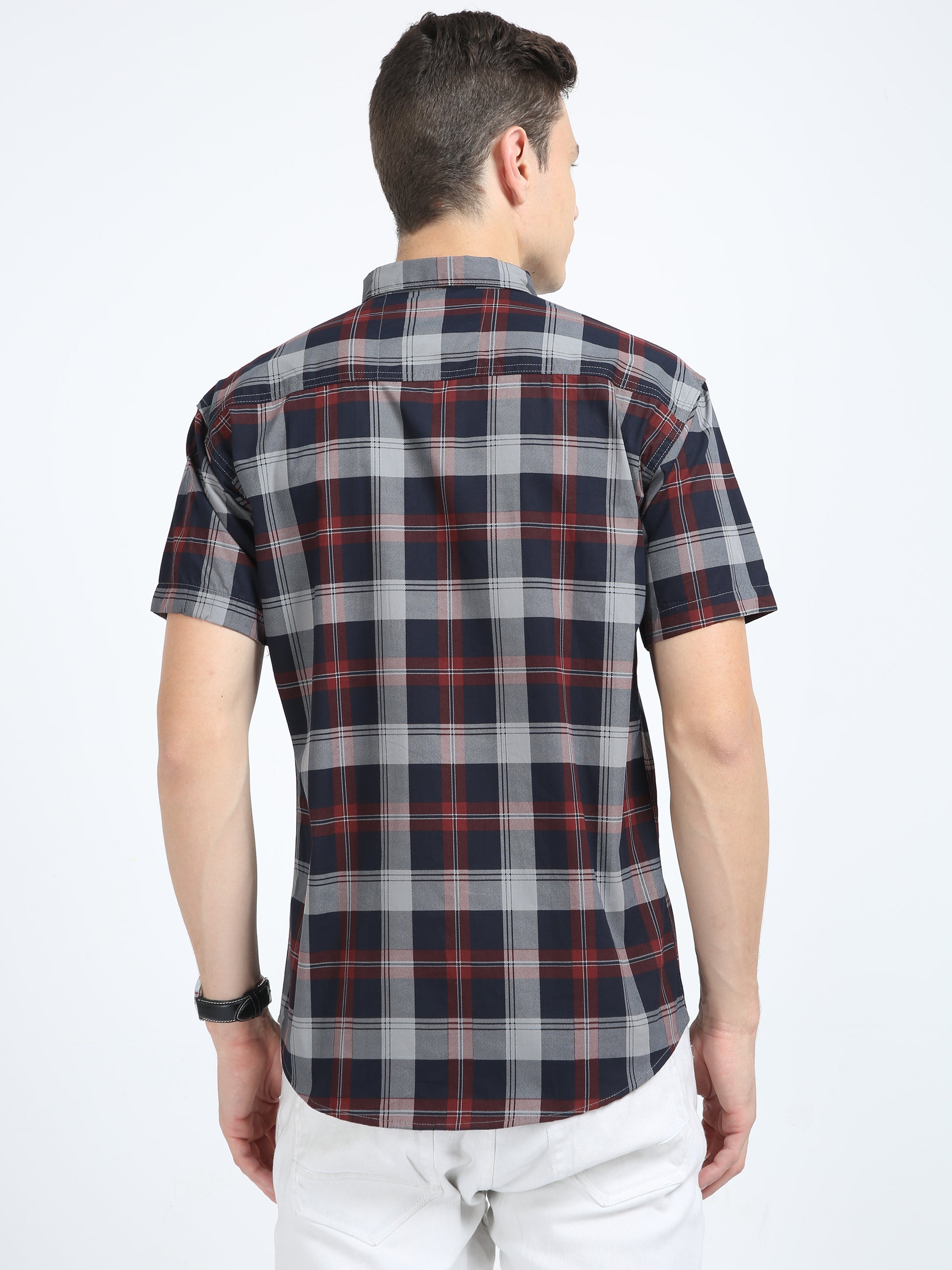 Half Sleeve Tartan Plaid Grey Check Shirt Regular Fit
