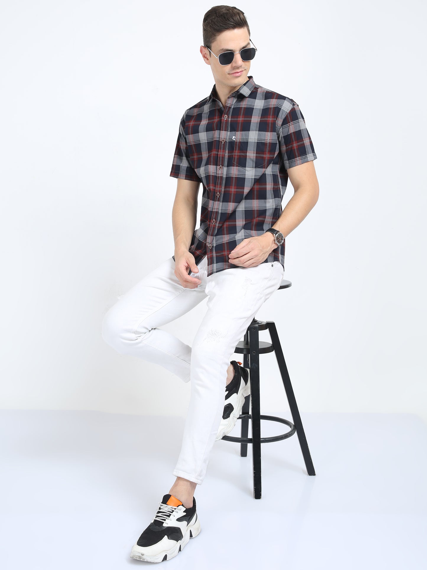 Half Sleeve Tartan Plaid Grey Check Shirt Regular Fit