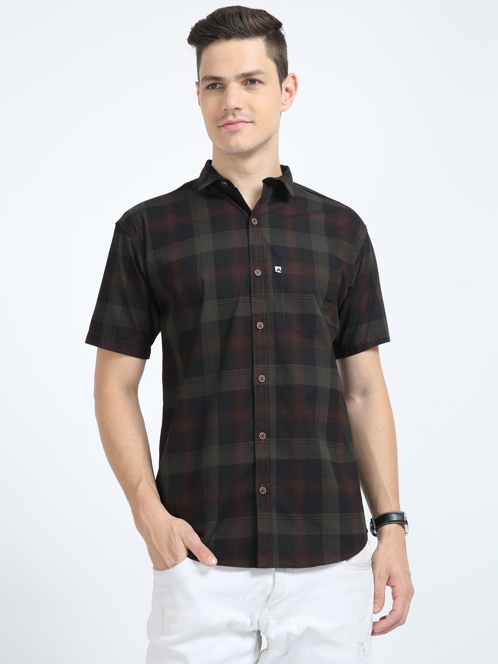 Half Sleeve Tartan Plaid Green Check Shirt for Men