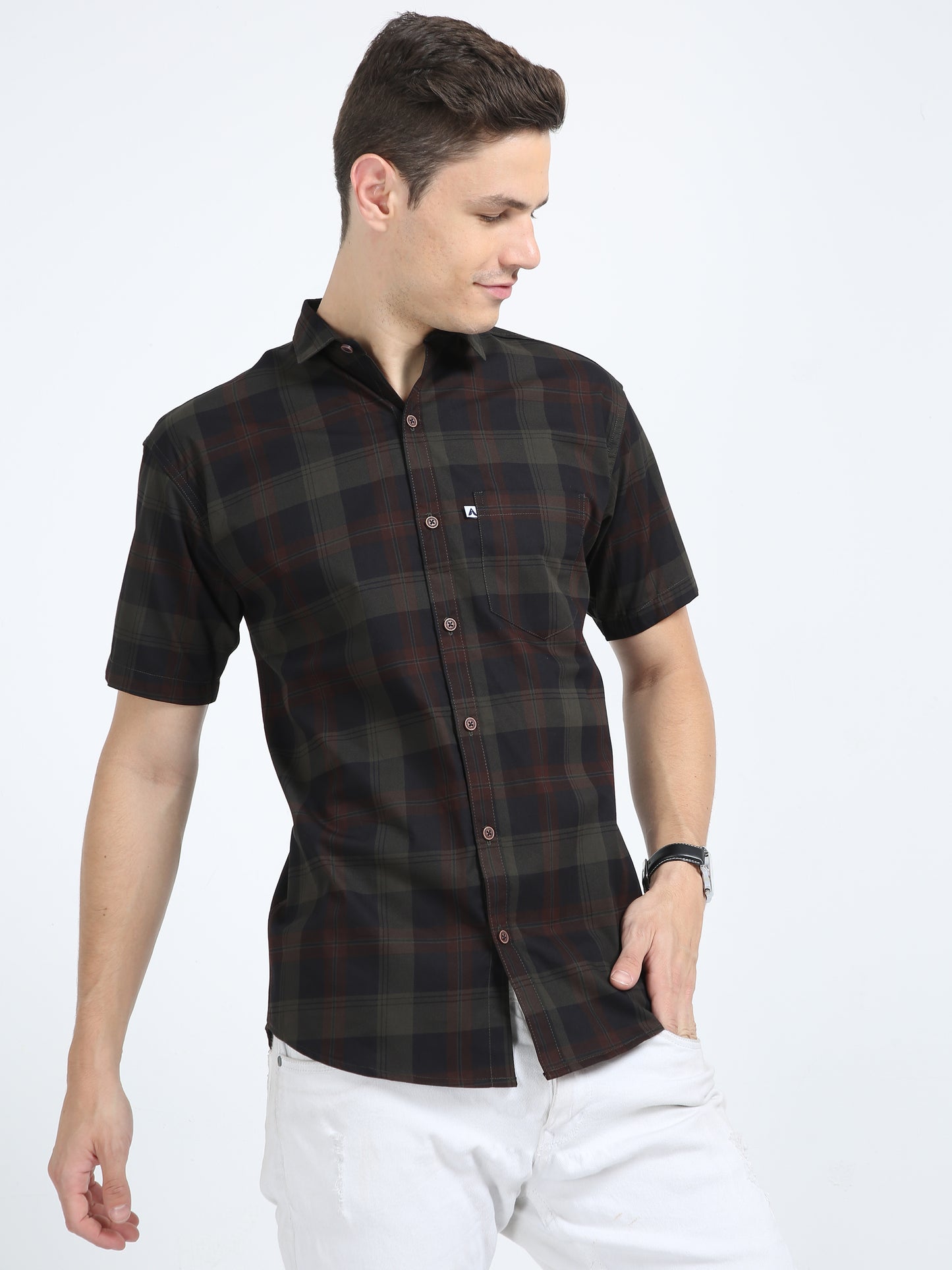 Half Sleeve Tartan Plaid Green Check Shirt for Men