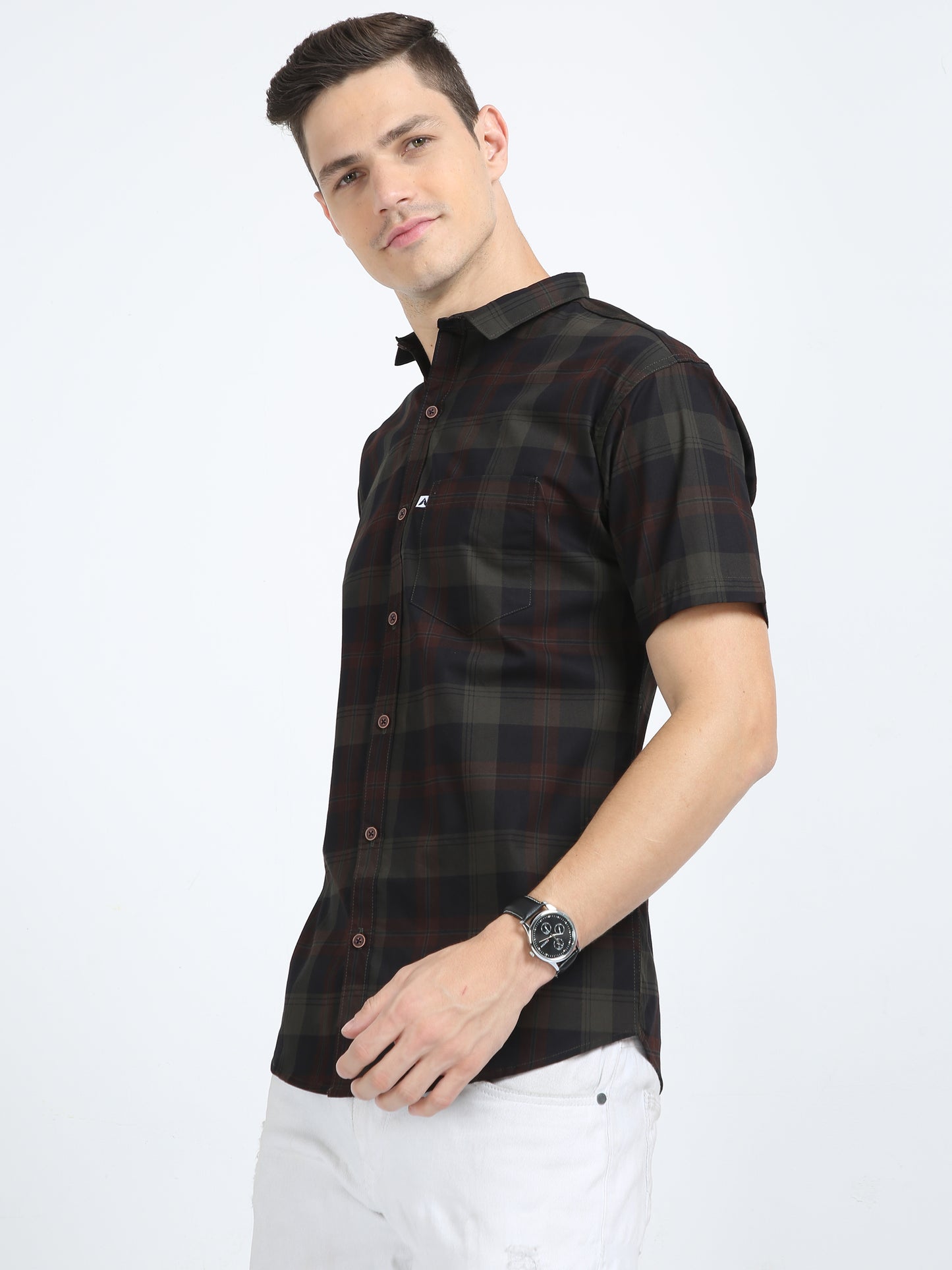 Half Sleeve Tartan Plaid Green Check Shirt for Men