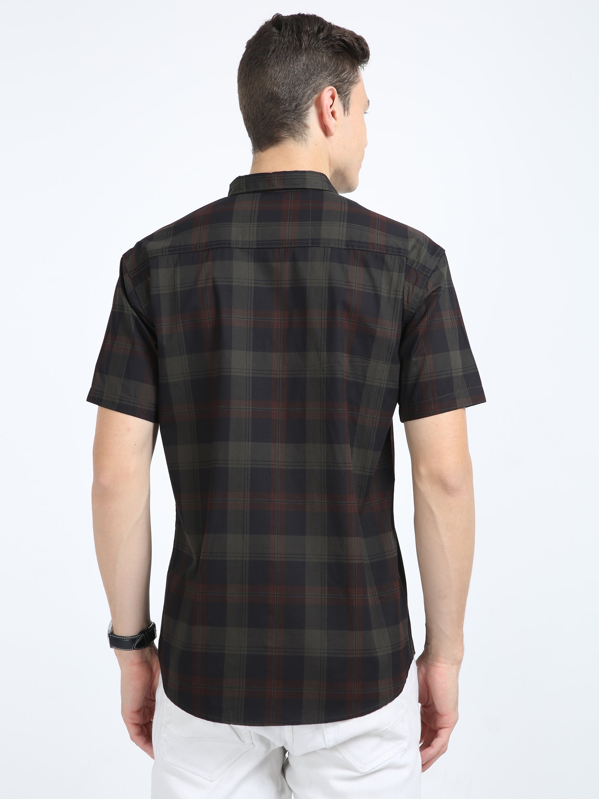 Half Sleeve Tartan Plaid Green Check Shirt for Men