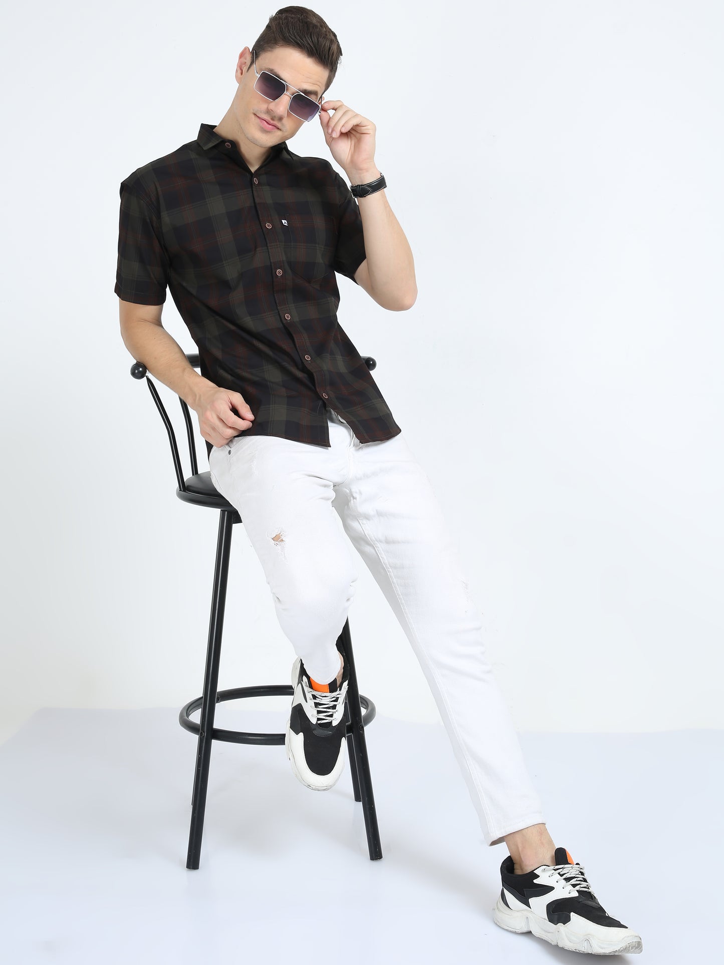 Half Sleeve Tartan Plaid Green Check Shirt for Men